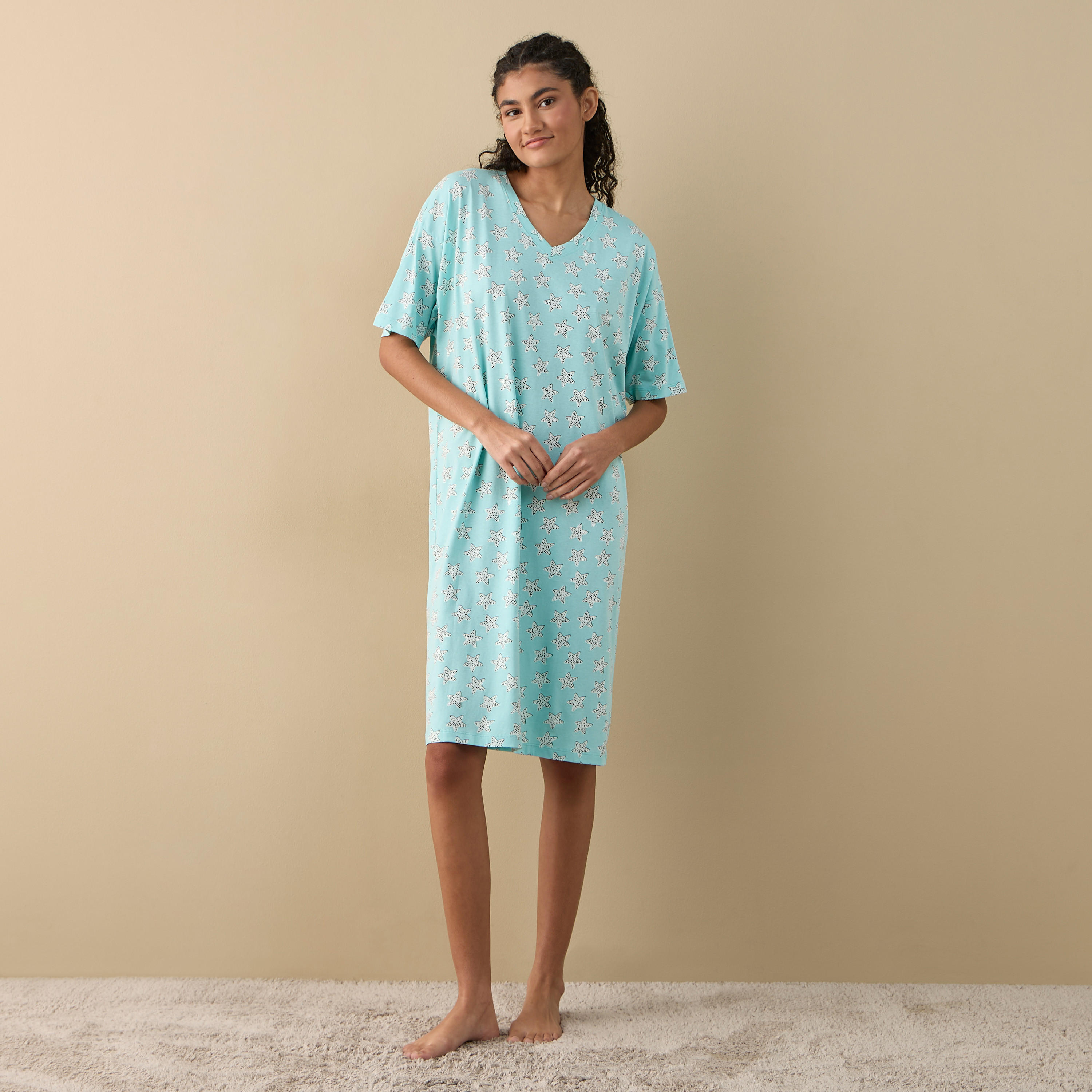 Printed Sleepshirt with V-neck and Short Sleeves-women-clothing-nightwear-nighties-image-2