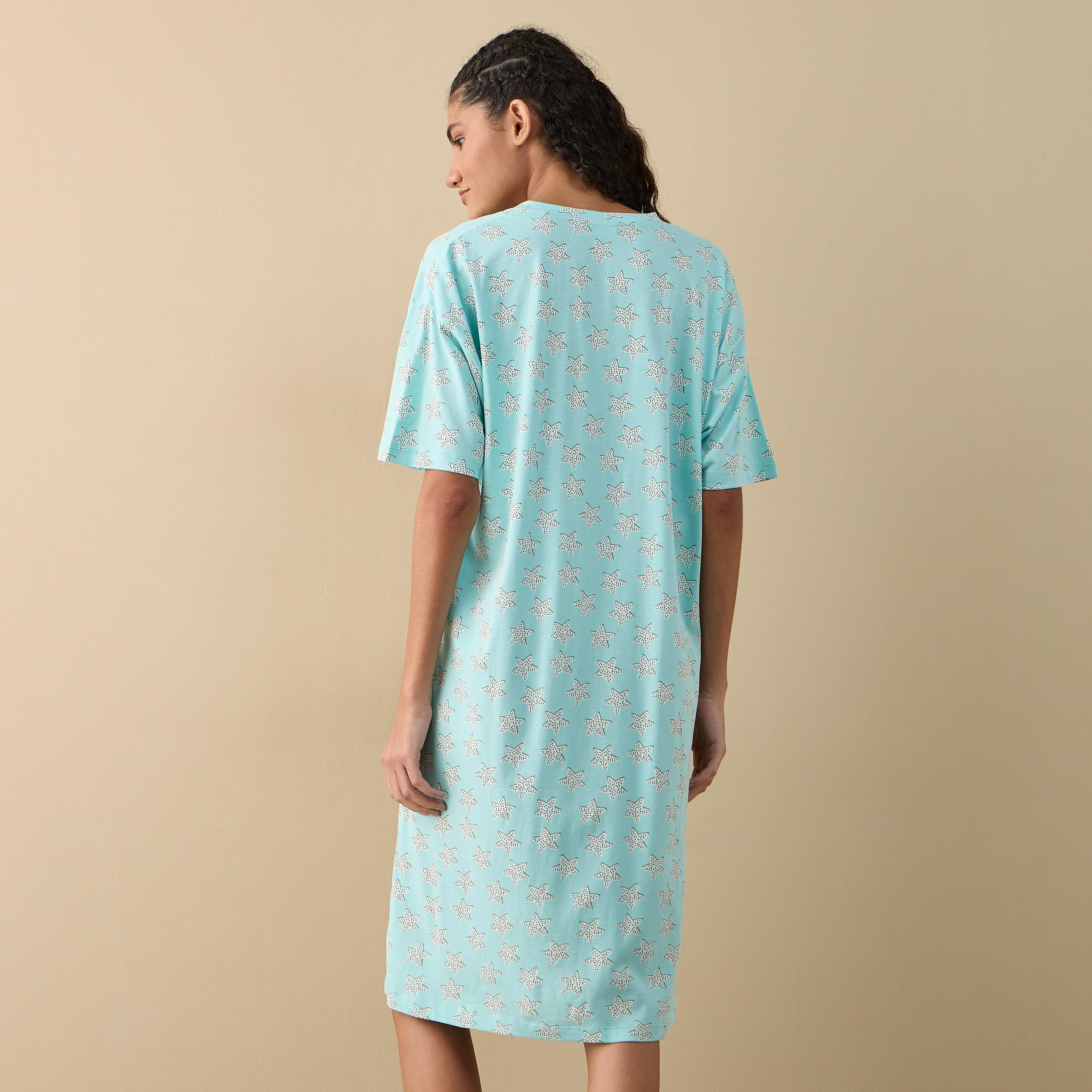 Printed Sleepshirt with V-neck and Short Sleeves-women-clothing-nightwear-nighties-image-3