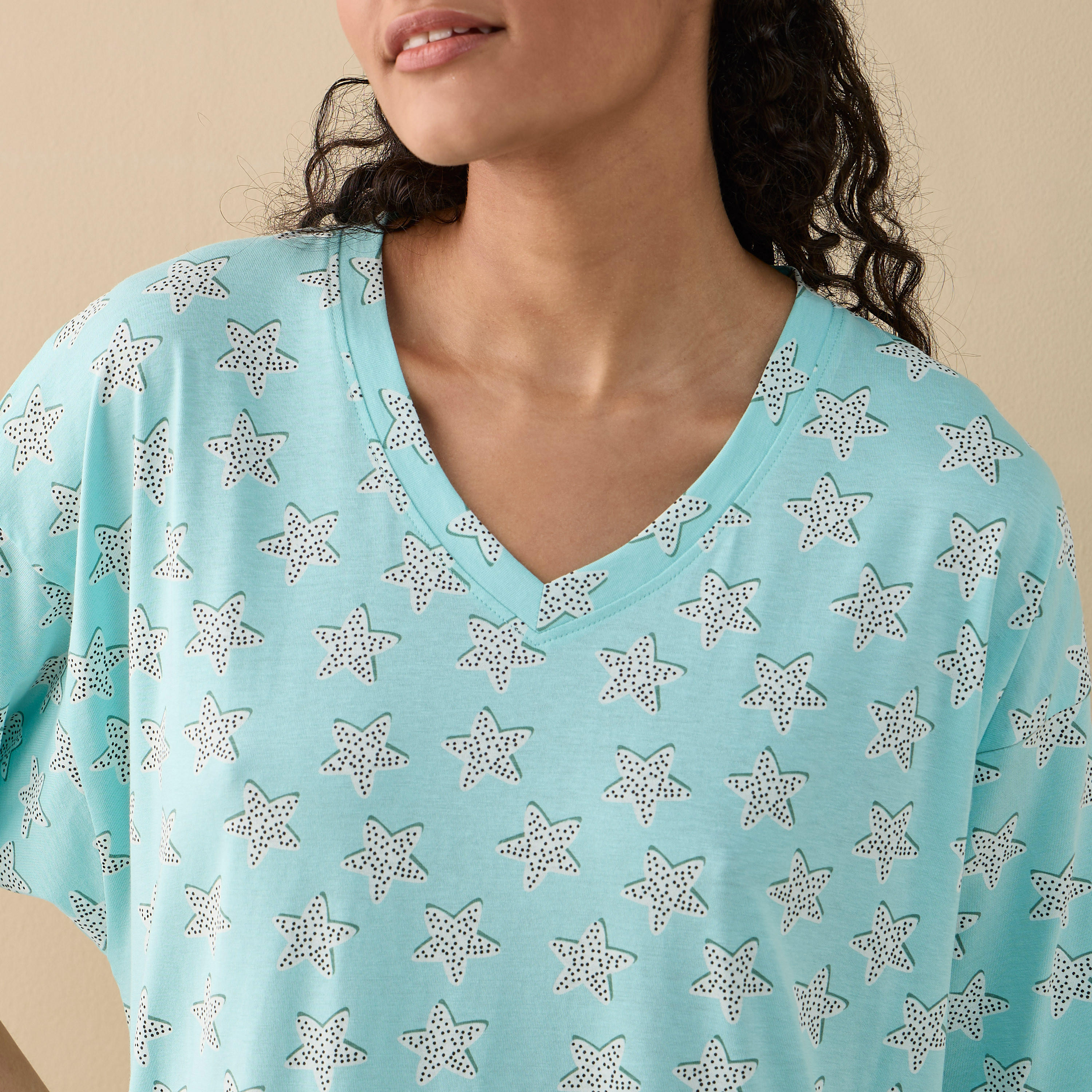 Printed Sleepshirt with V-neck and Short Sleeves-women-clothing-nightwear-nighties-image-4