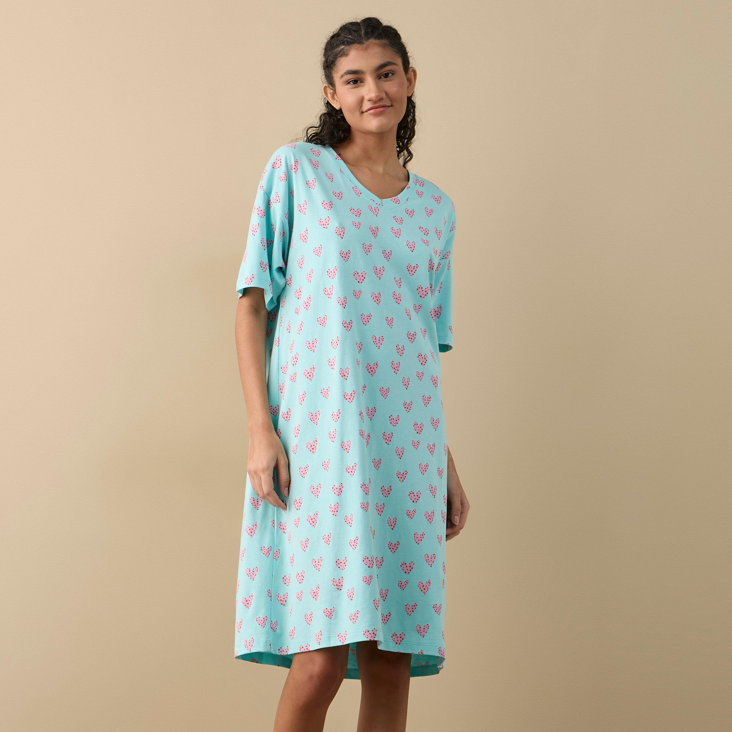 Printed Sleepshirt with V-neck and Short Sleeves-women-clothing-nightwear-nighties-image-1