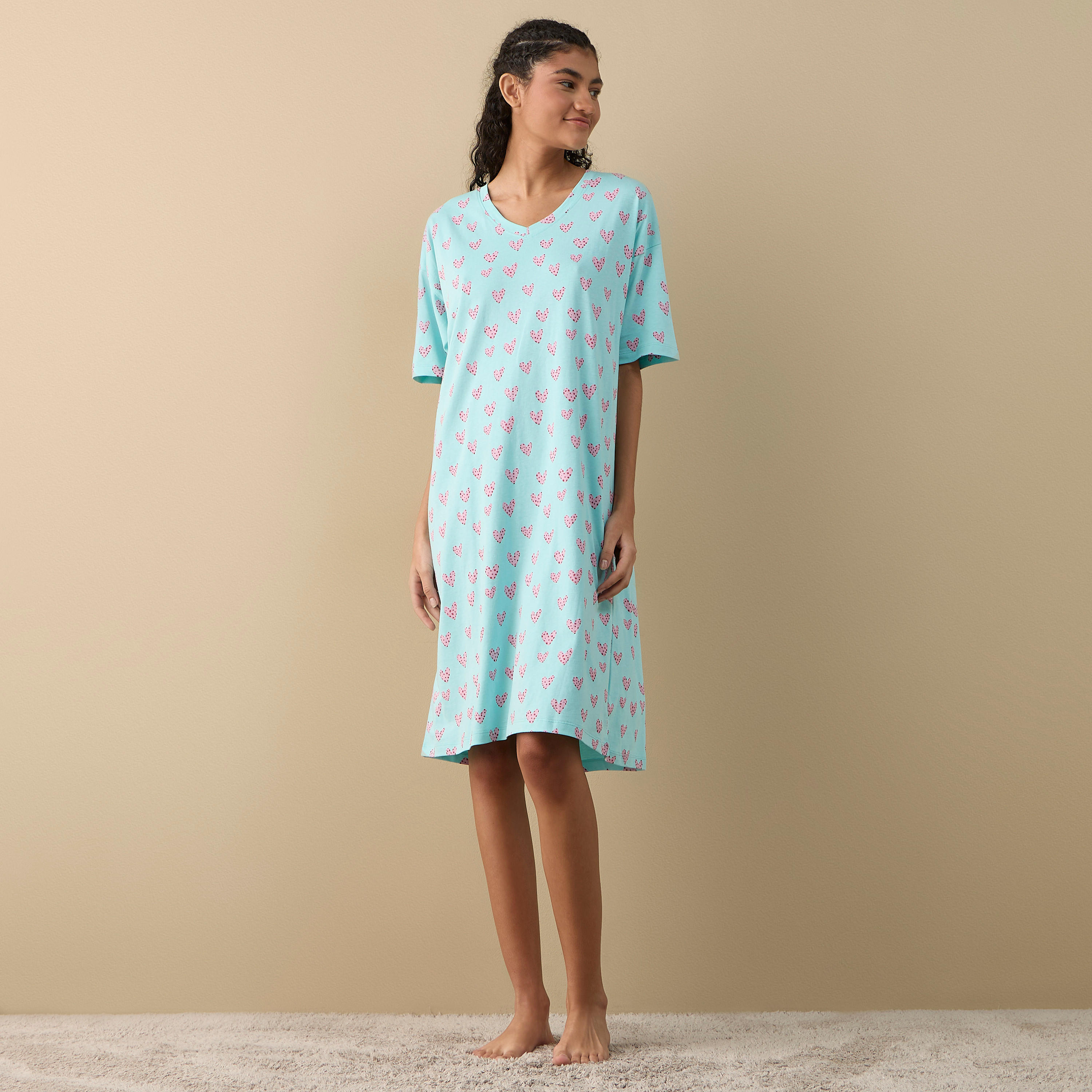 Printed Sleepshirt with V-neck and Short Sleeves-women-clothing-nightwear-nighties-image-2