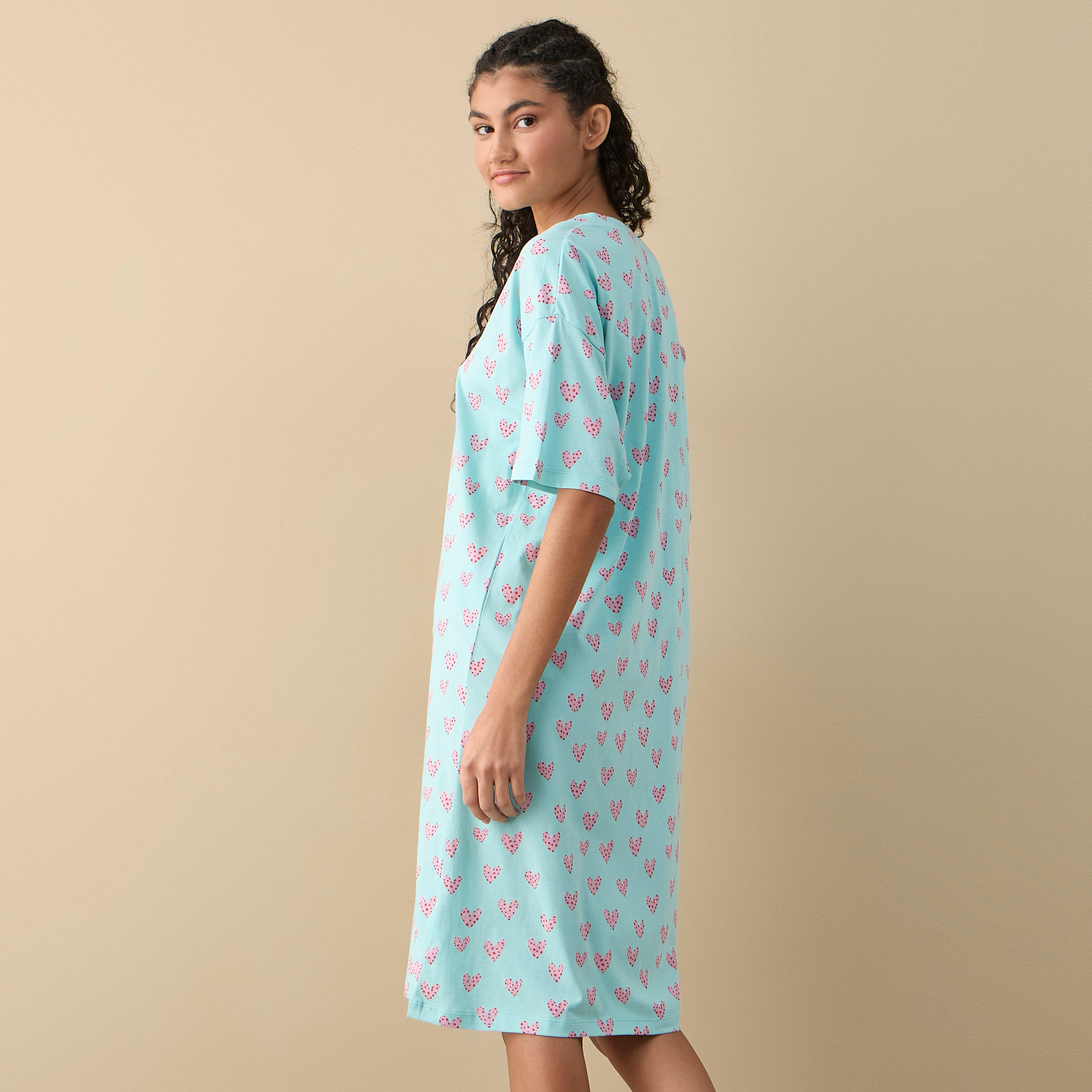 Printed Sleepshirt with V-neck and Short Sleeves-women-clothing-nightwear-nighties-image-3