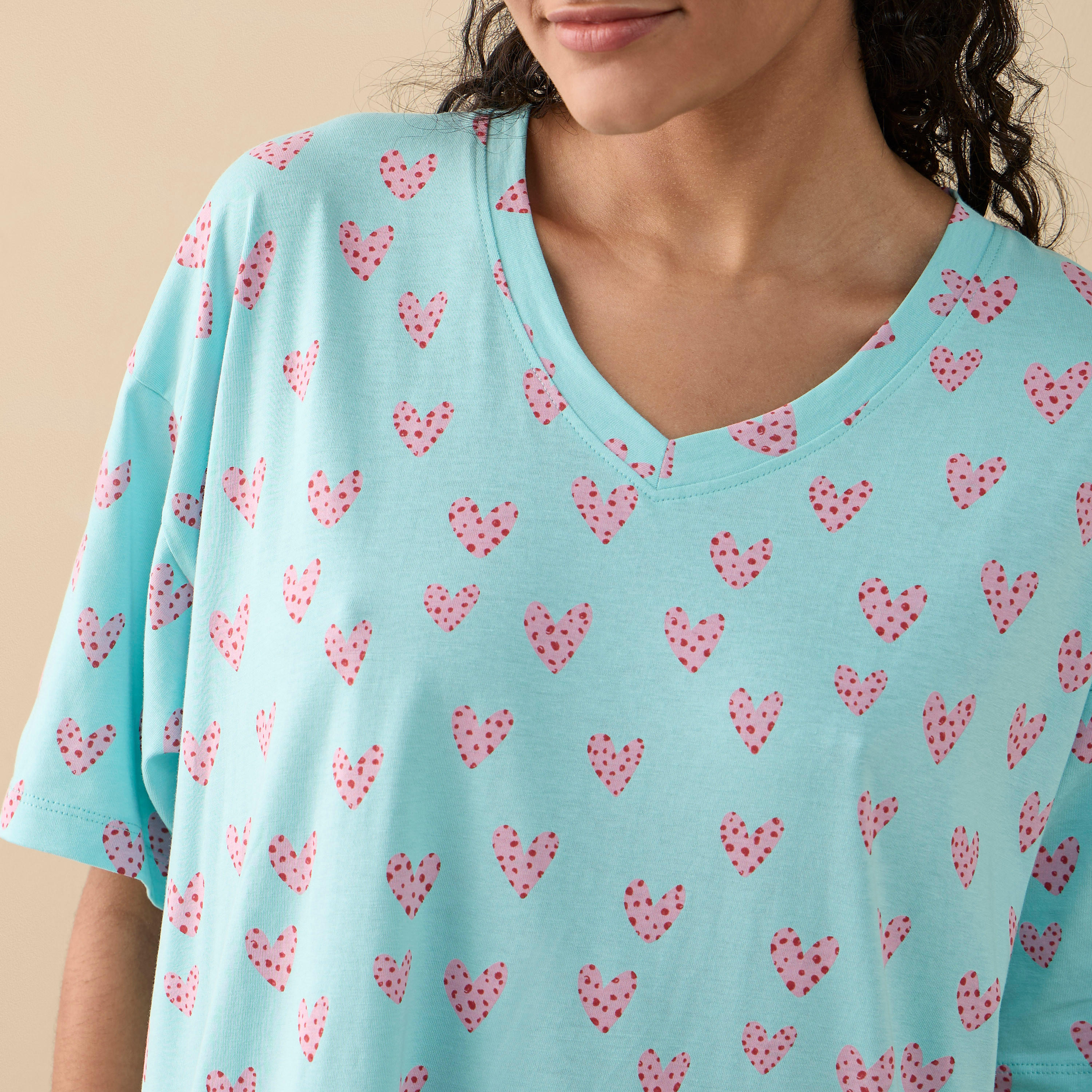 Printed Sleepshirt with V-neck and Short Sleeves-women-clothing-nightwear-nighties-image-4