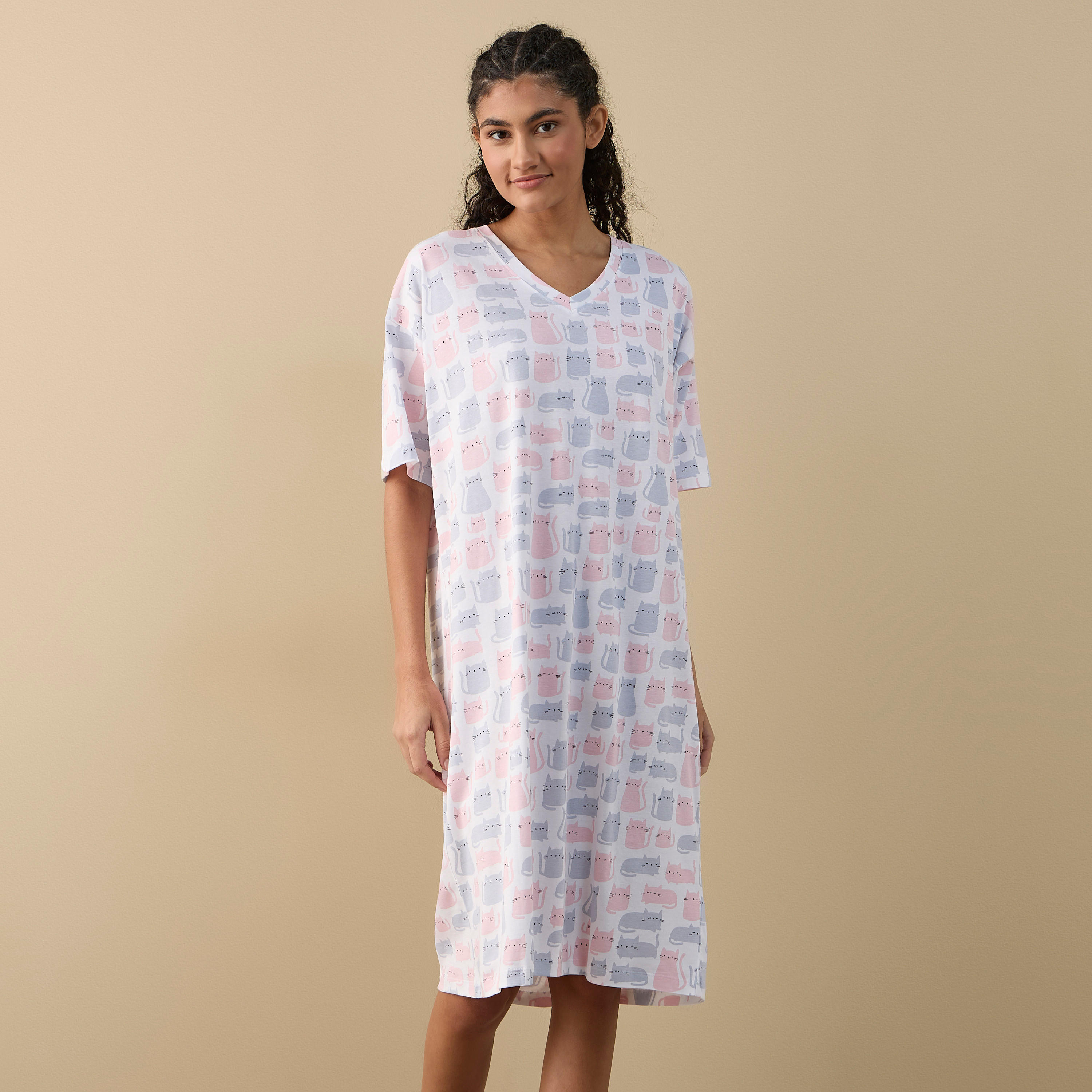 Printed Sleepshirt with V-neck and Short Sleeves-women-clothing-nightwear-nighties-image-1