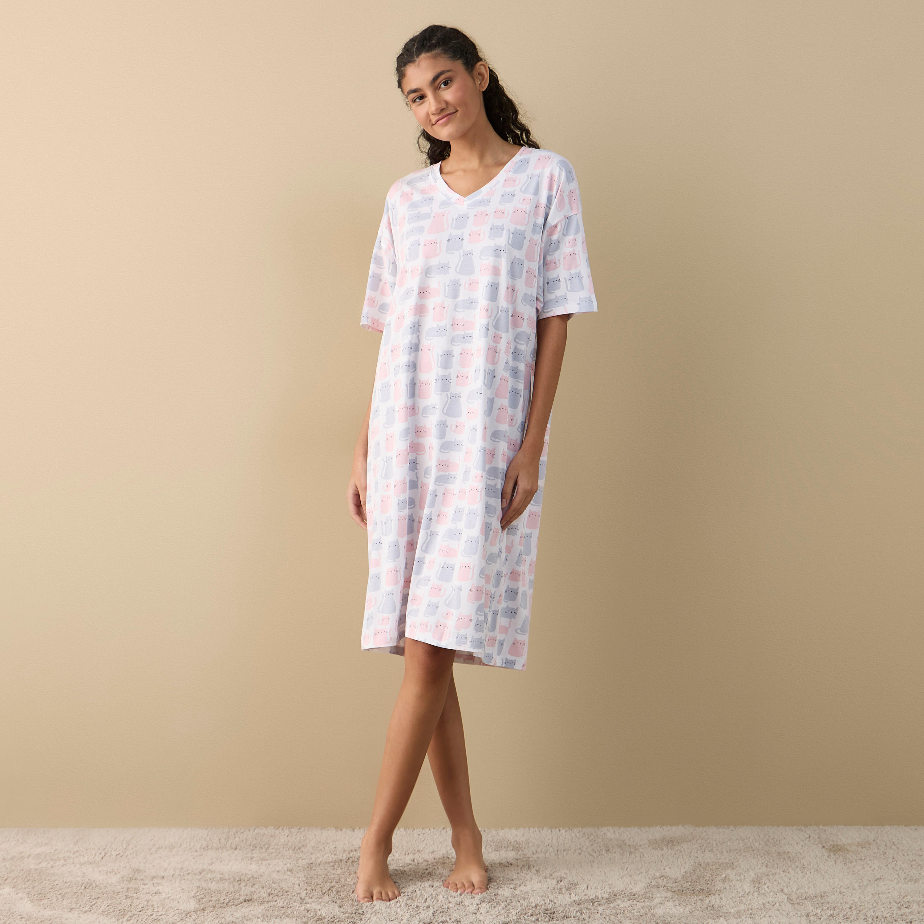 Printed Sleepshirt with V-neck and Short Sleeves-women-clothing-nightwear-nighties-image-2