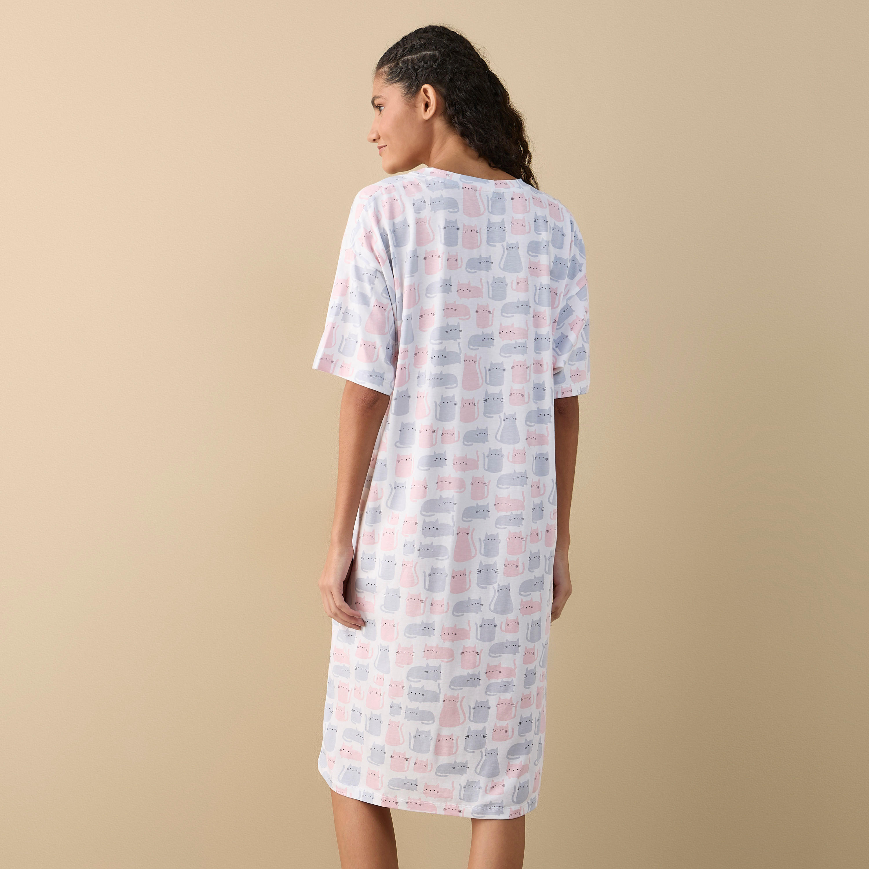Printed Sleepshirt with V-neck and Short Sleeves-women-clothing-nightwear-nighties-image-3