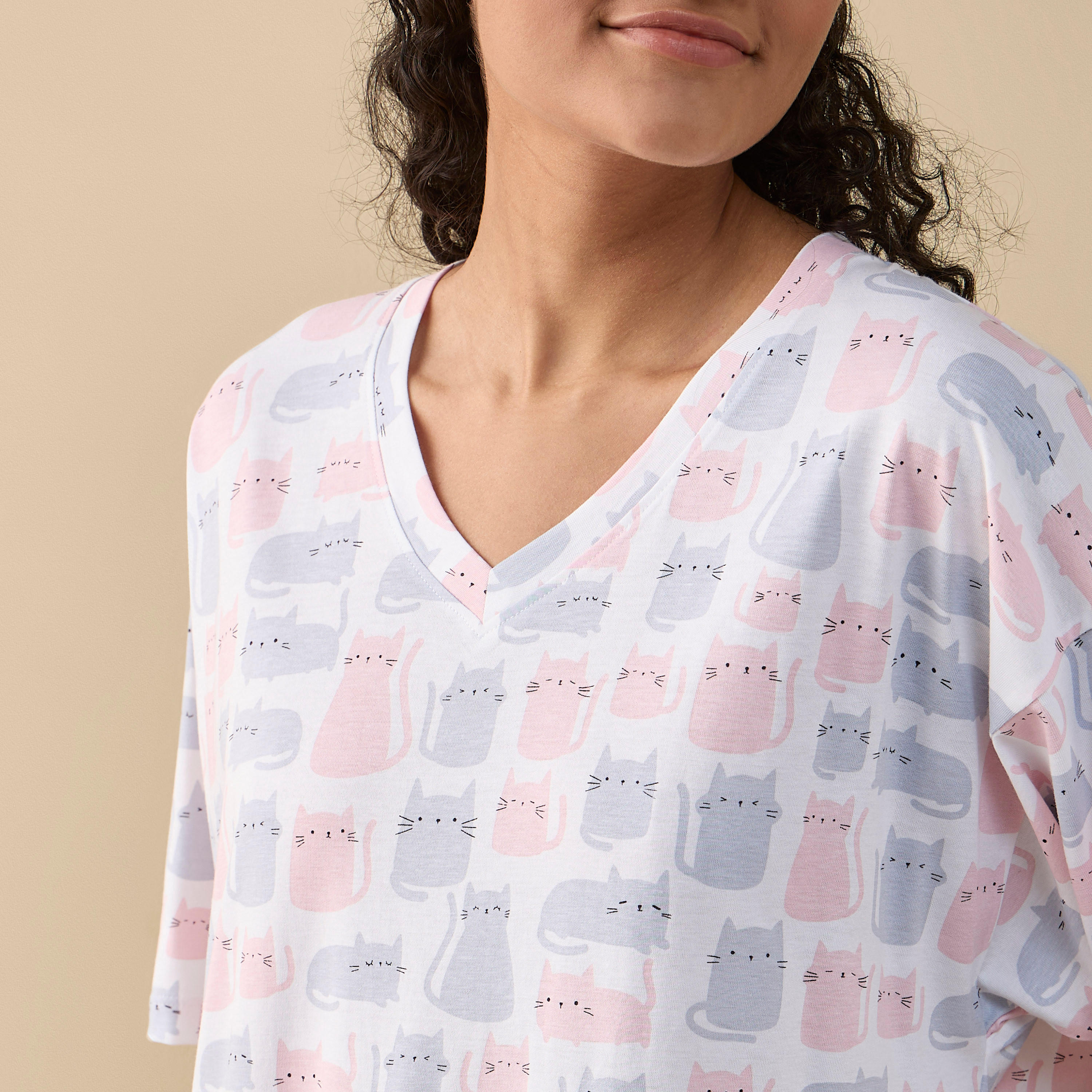 Printed Sleepshirt with V-neck and Short Sleeves-women-clothing-nightwear-nighties-image-4