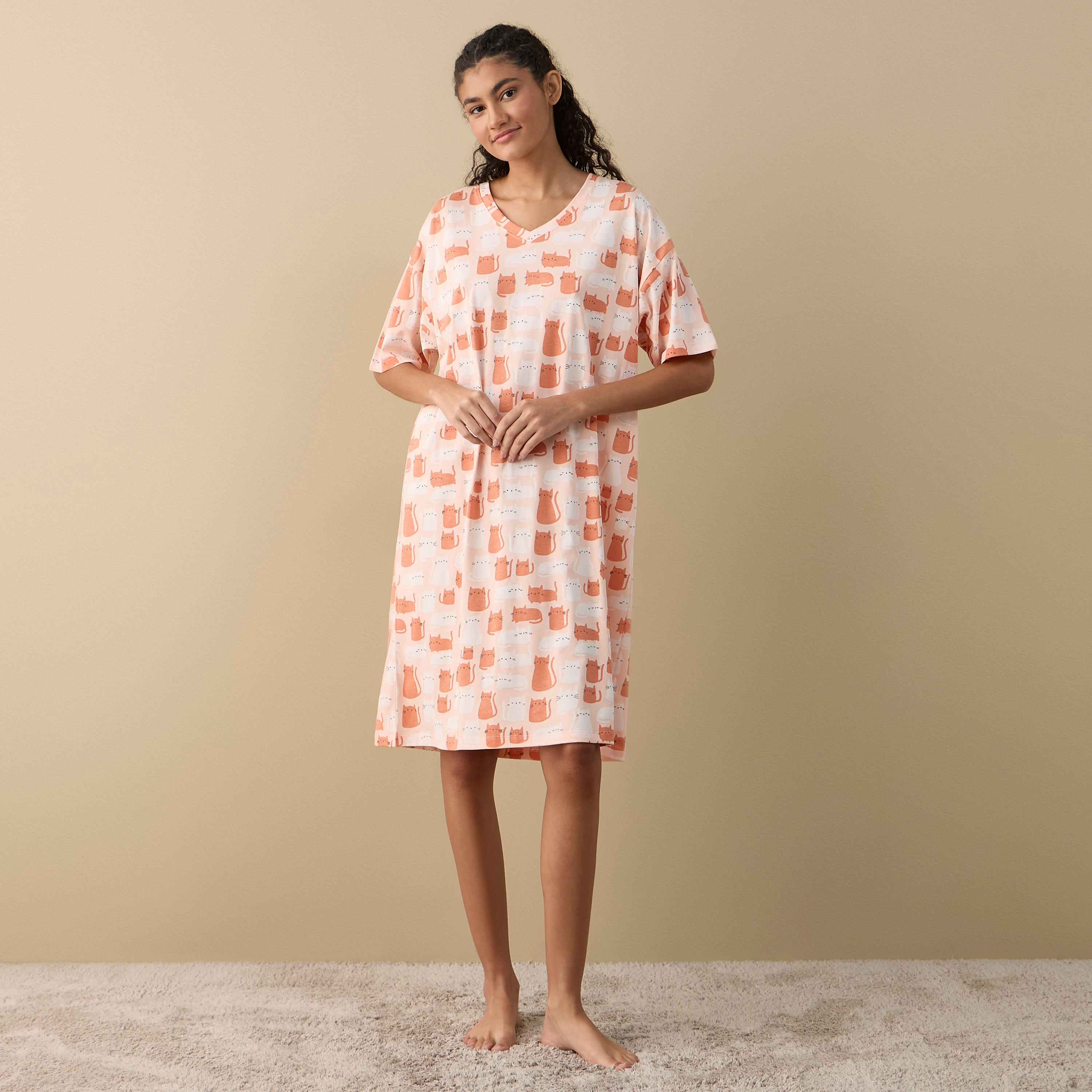 Printed Sleepshirt with V-neck and Short Sleeves-women-clothing-nightwear-nighties-image-2