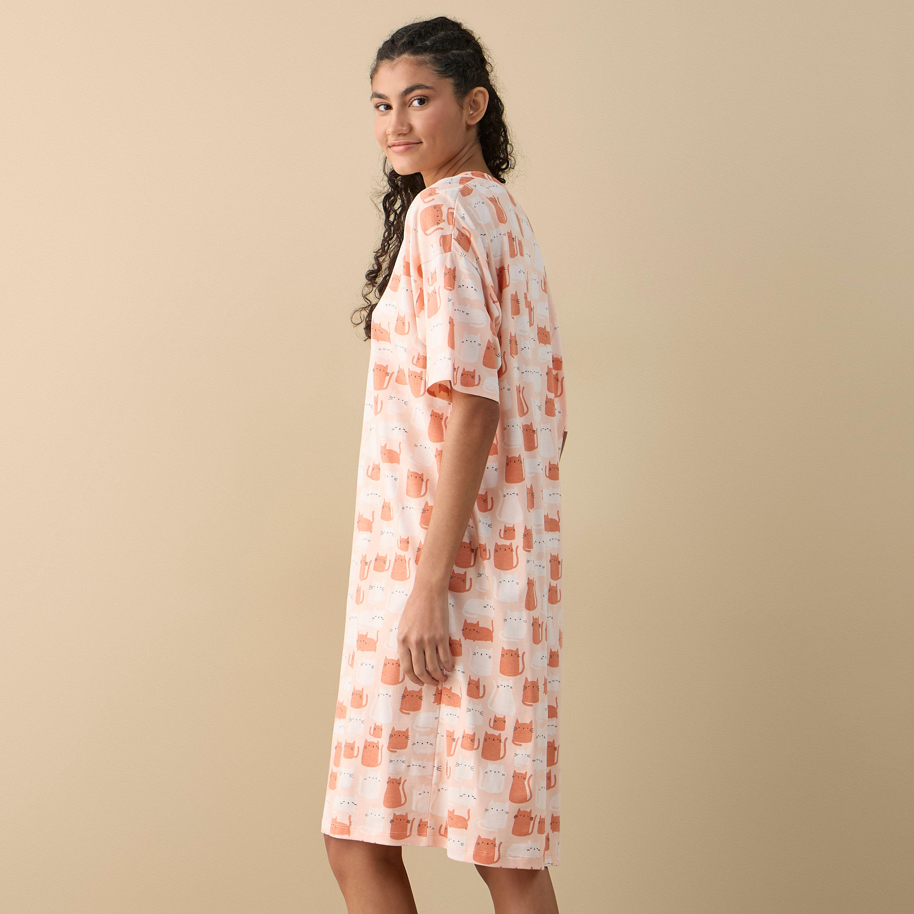 Printed Sleepshirt with V-neck and Short Sleeves-women-clothing-nightwear-nighties-image-3