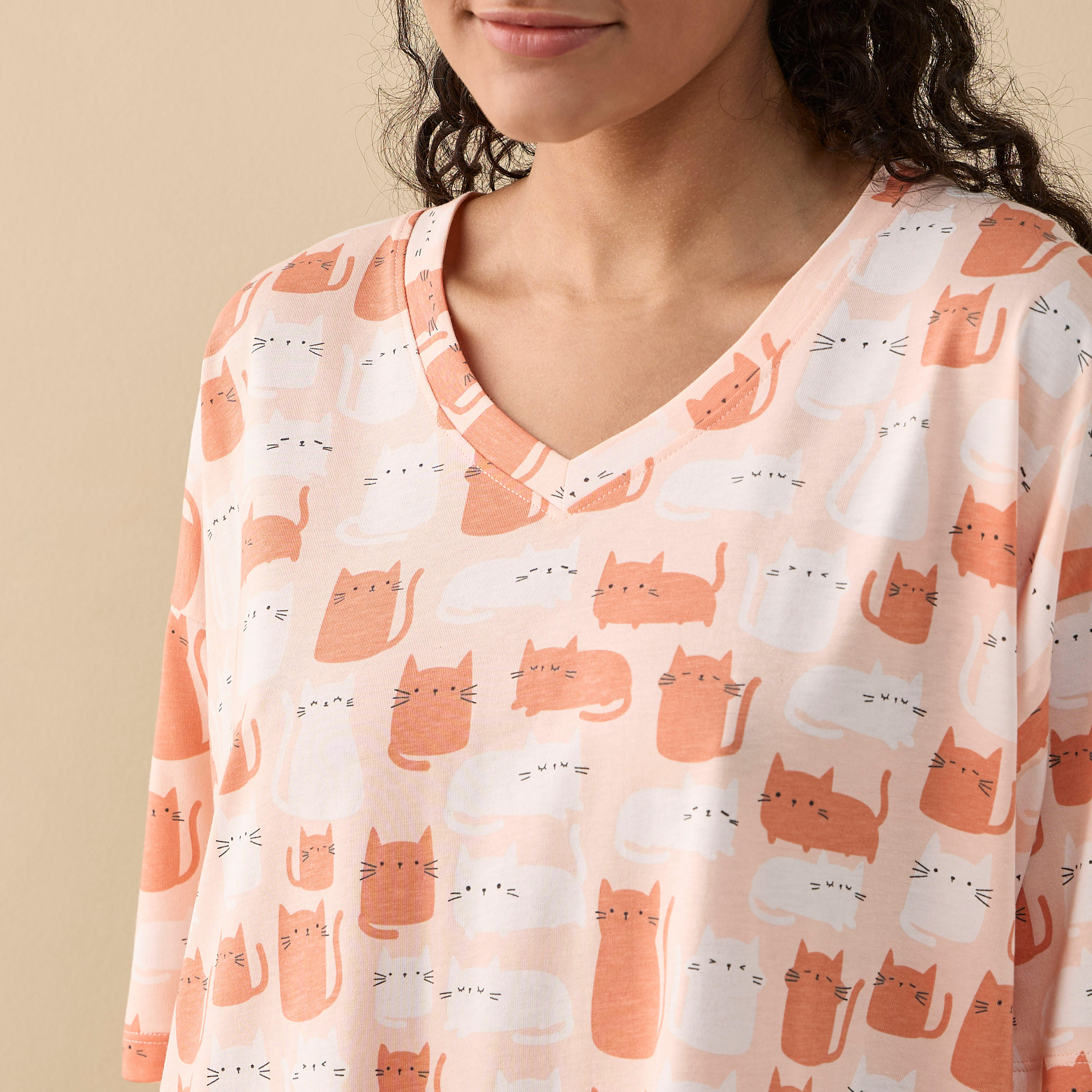 Printed Sleepshirt with V-neck and Short Sleeves-women-clothing-nightwear-nighties-image-4