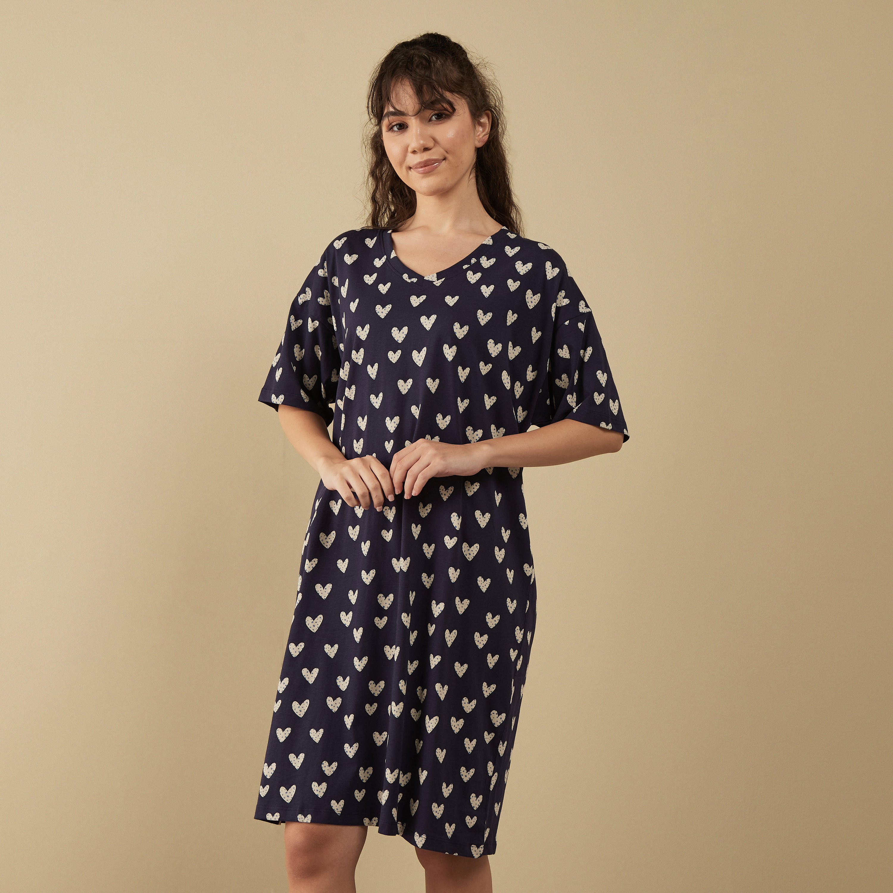 Printed Sleepshirt with V-neck and Short Sleeves-women-clothing-nightwear-nighties-image-1