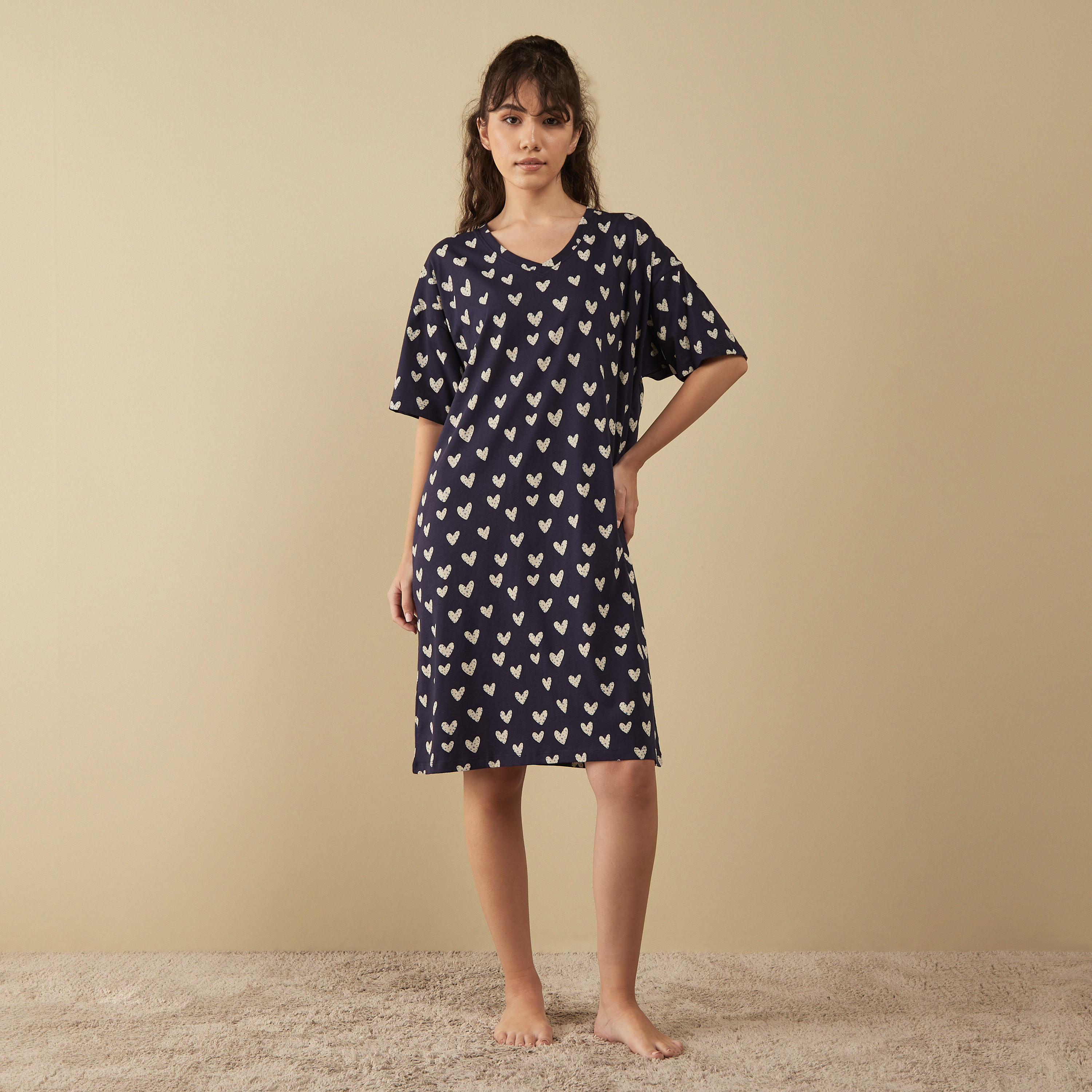 Printed Sleepshirt with V-neck and Short Sleeves-women-clothing-nightwear-nighties-image-2