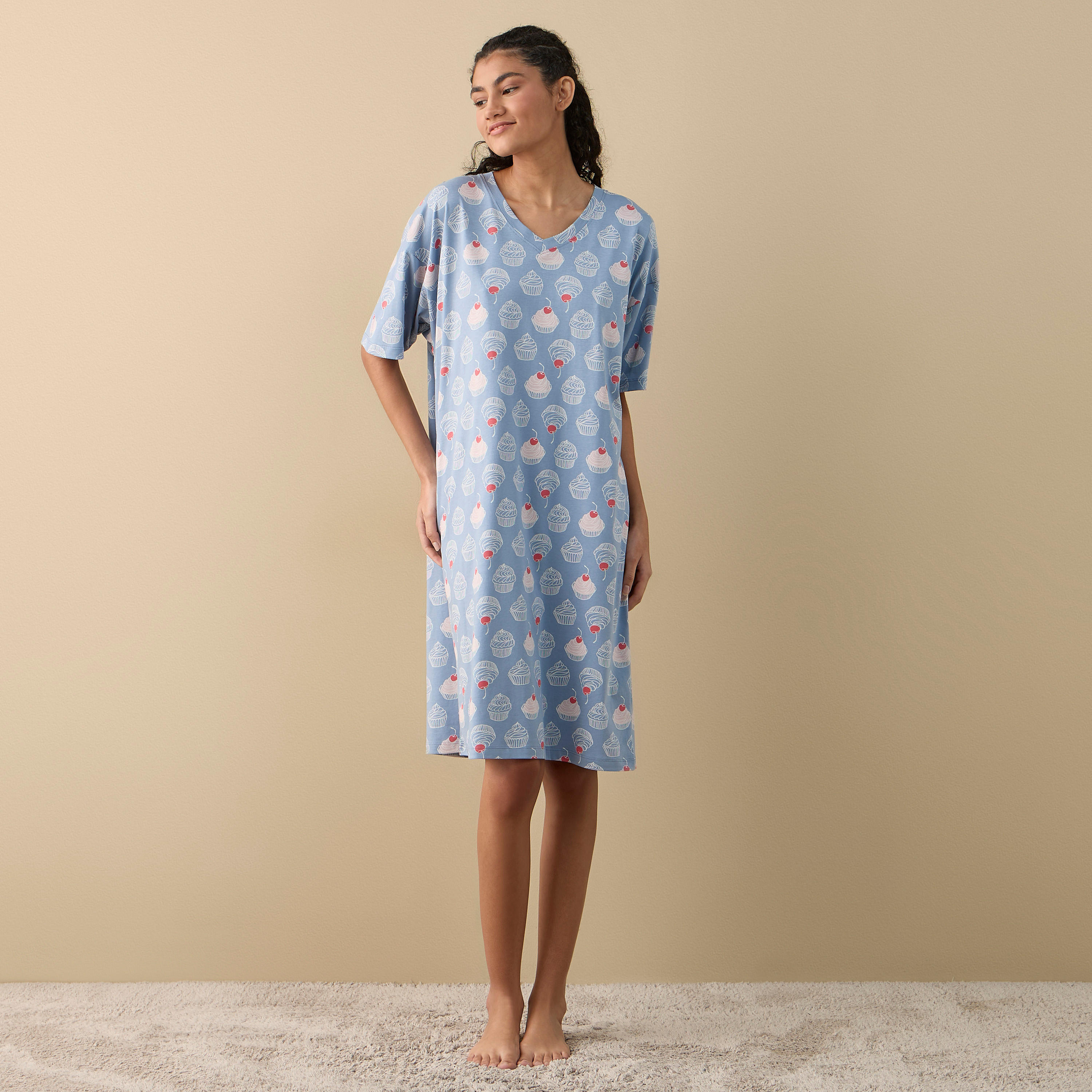 Printed Sleepshirt with V-neck and Short Sleeves-women-clothing-nightwear-nighties-image-2