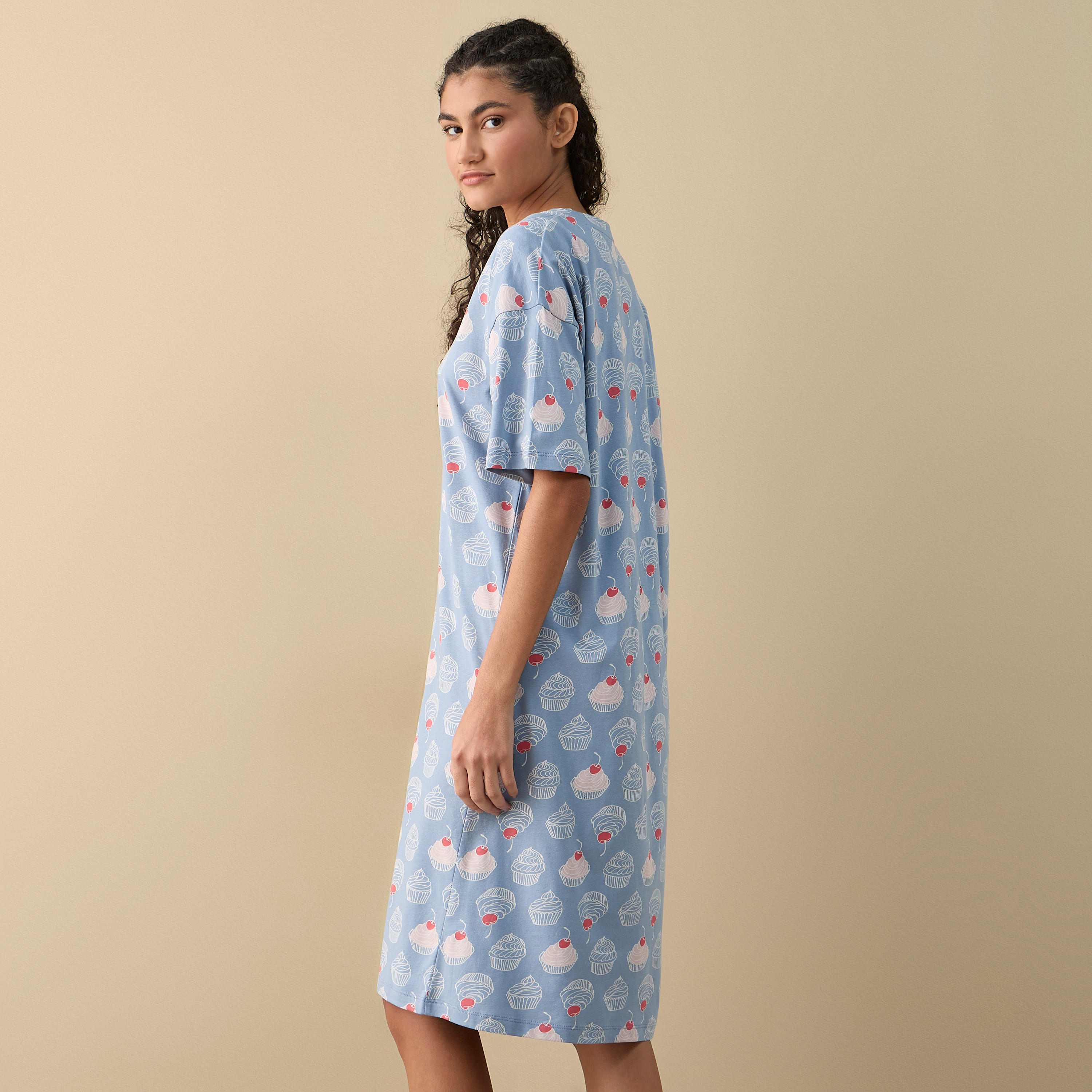 Printed Sleepshirt with V-neck and Short Sleeves-women-clothing-nightwear-nighties-image-3