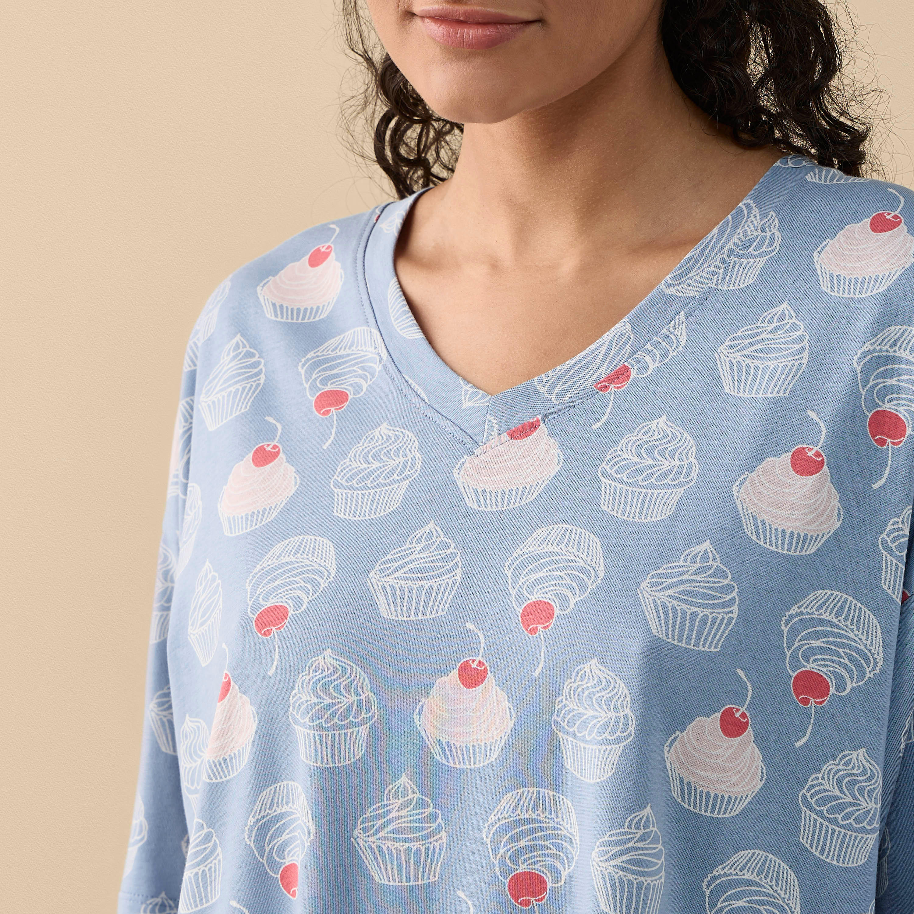 Printed Sleepshirt with V-neck and Short Sleeves-women-clothing-nightwear-nighties-image-4