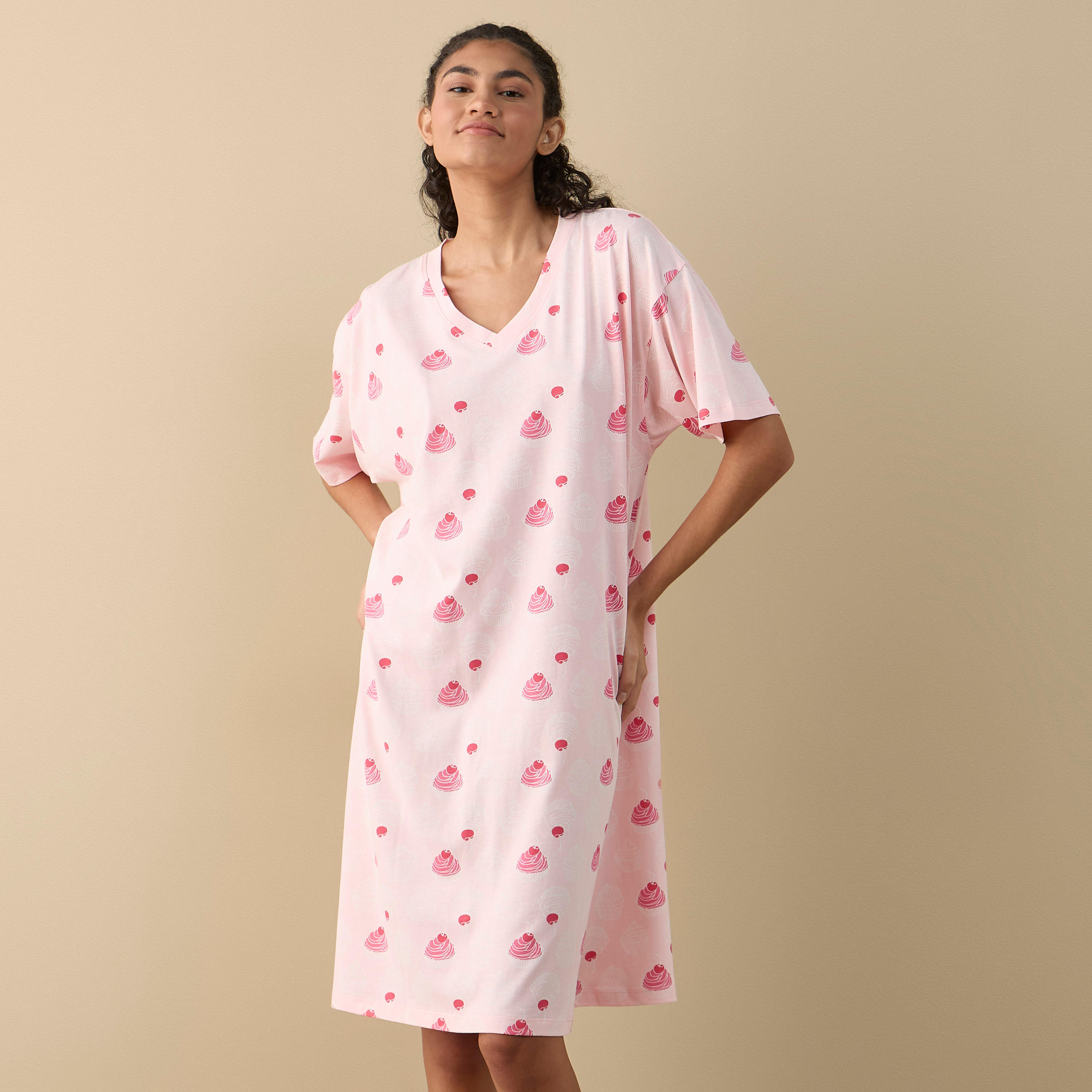 Printed Sleepshirt with V-neck and Short Sleeves-women-clothing-nightwear-nighties-image-1