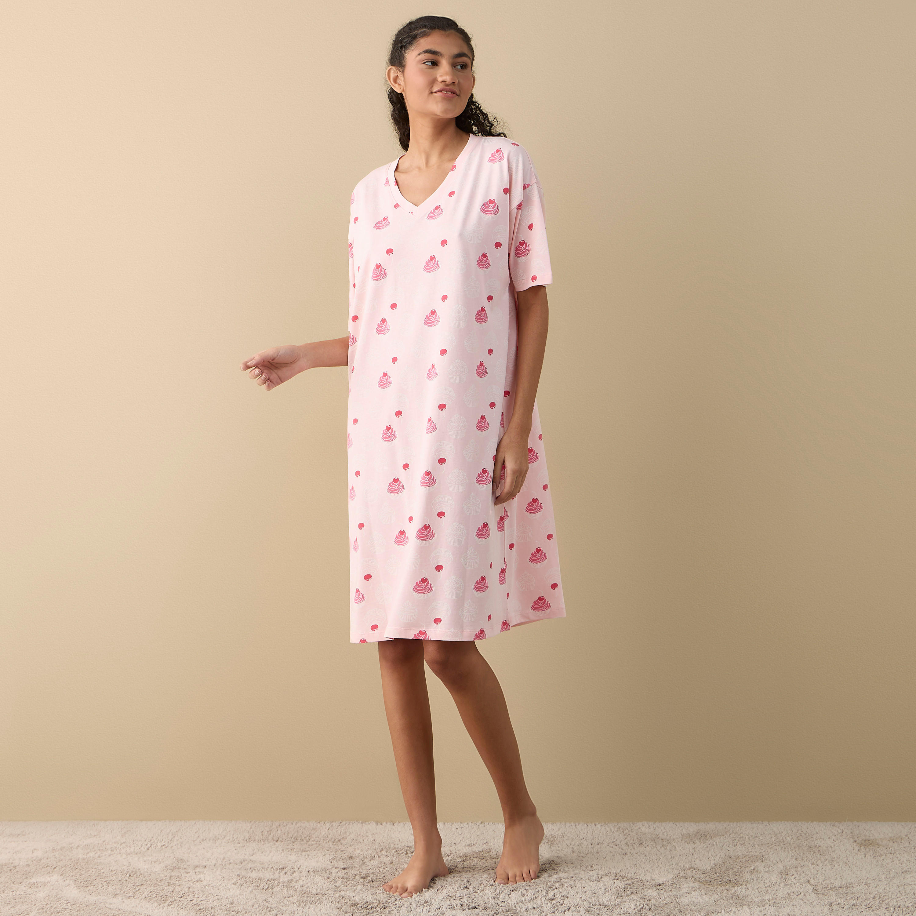 Printed Sleepshirt with V-neck and Short Sleeves-women-clothing-nightwear-nighties-image-2