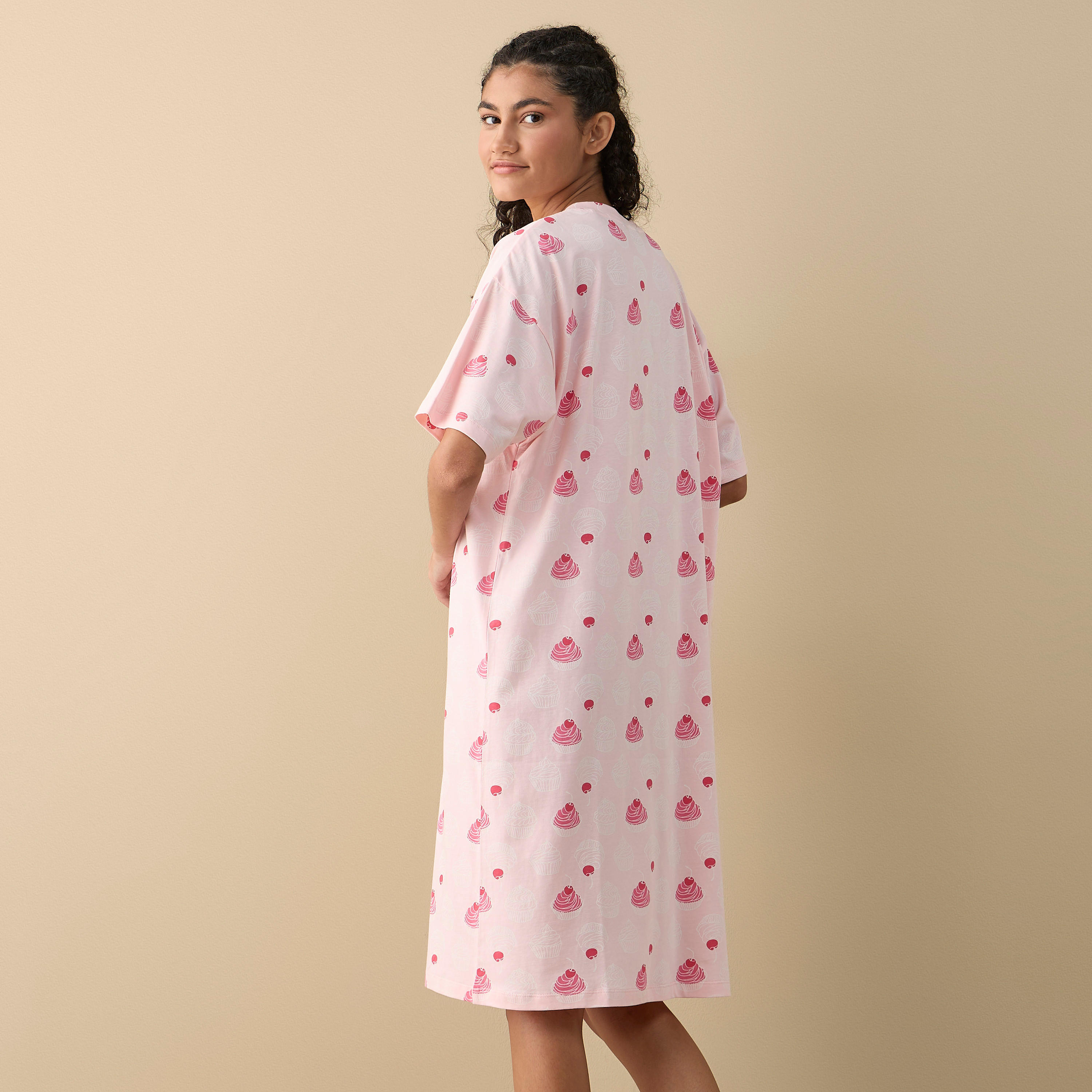 Printed Sleepshirt with V-neck and Short Sleeves-women-clothing-nightwear-nighties-image-3