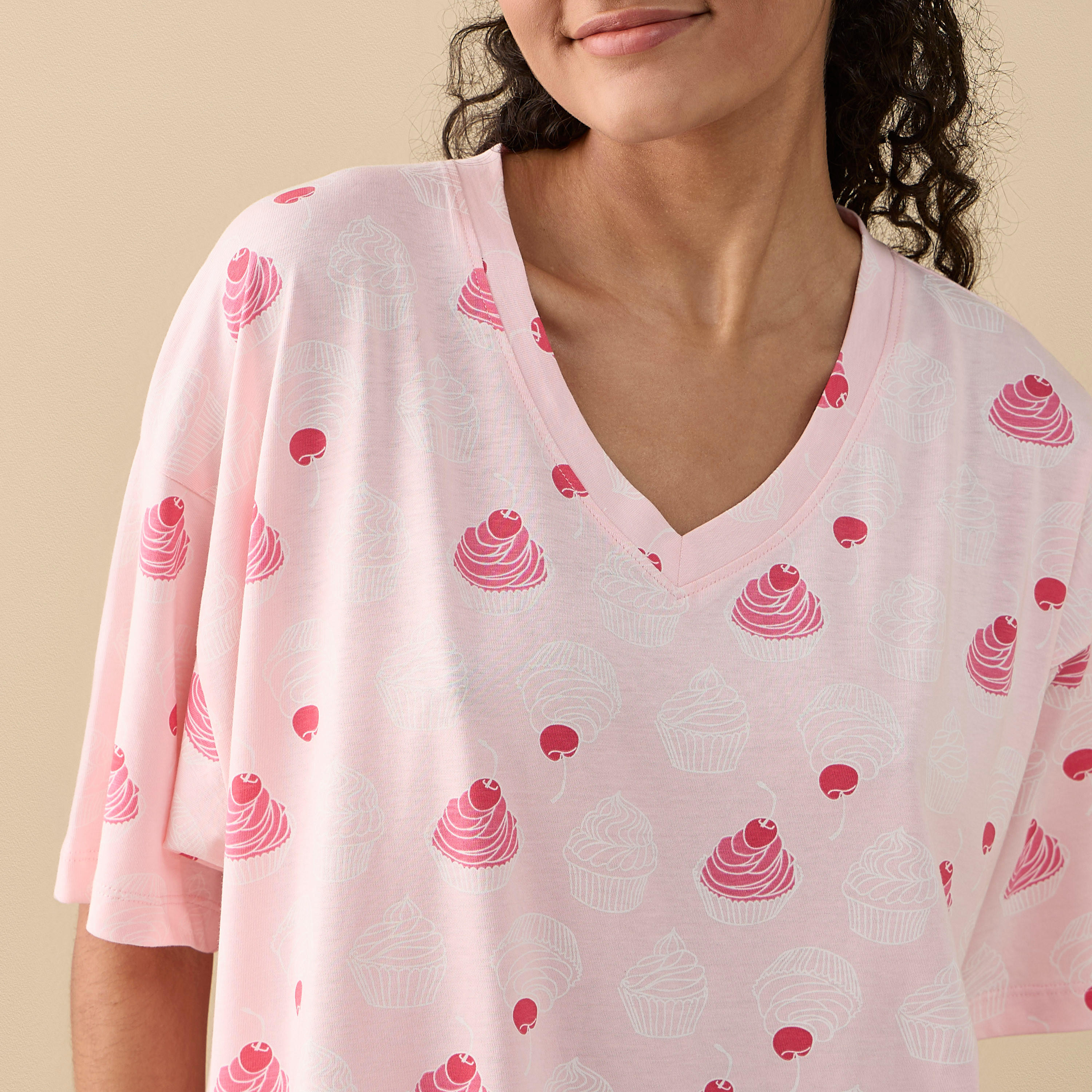 Printed Sleepshirt with V-neck and Short Sleeves-women-clothing-nightwear-nighties-image-4
