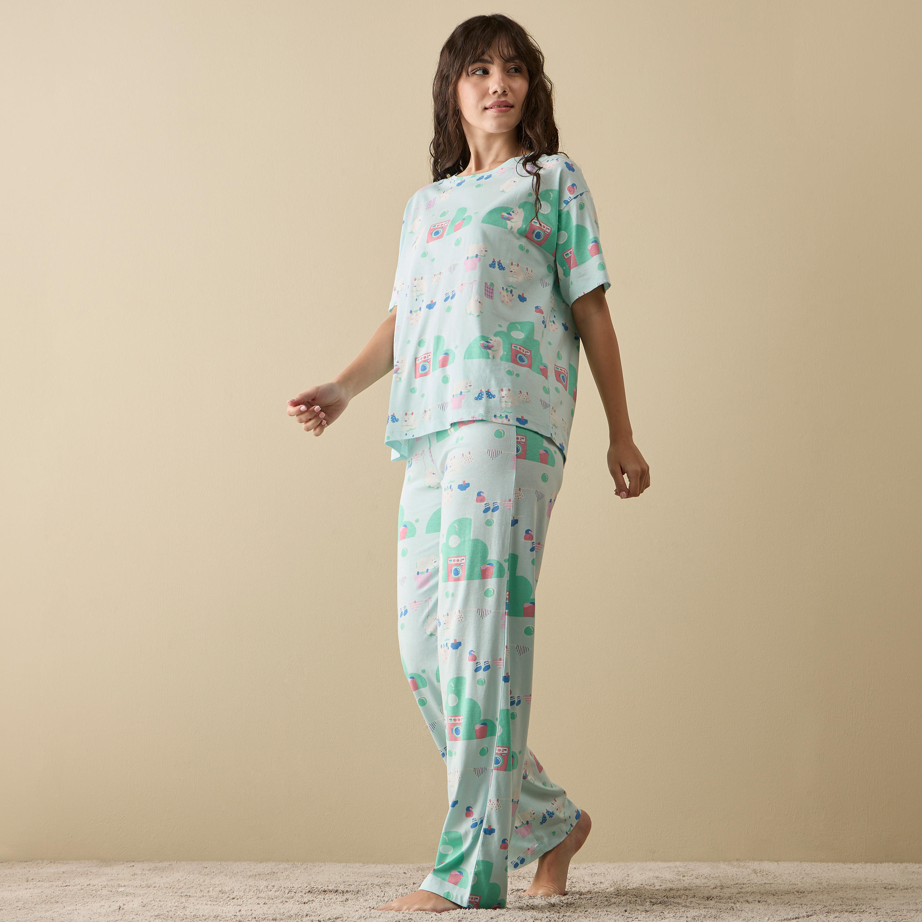 طقم بنطلون بيجاما وتيشيرت قطن بأكمام قصيرة وطبعات-women-clothing-nightwear-pyjamas-longsets-image-1