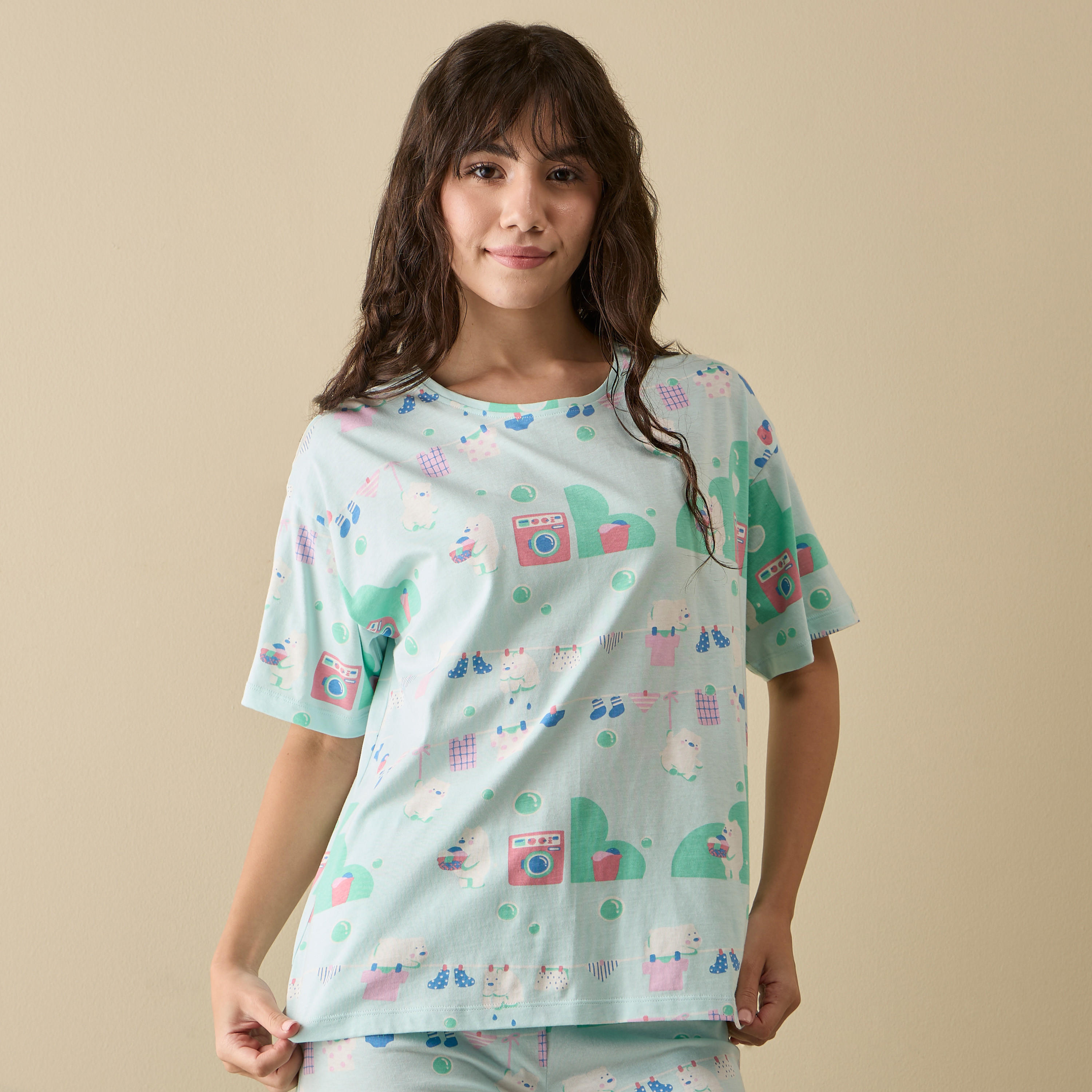 طقم بنطلون بيجاما وتيشيرت قطن بأكمام قصيرة وطبعات-women-clothing-nightwear-pyjamas-longsets-image-2