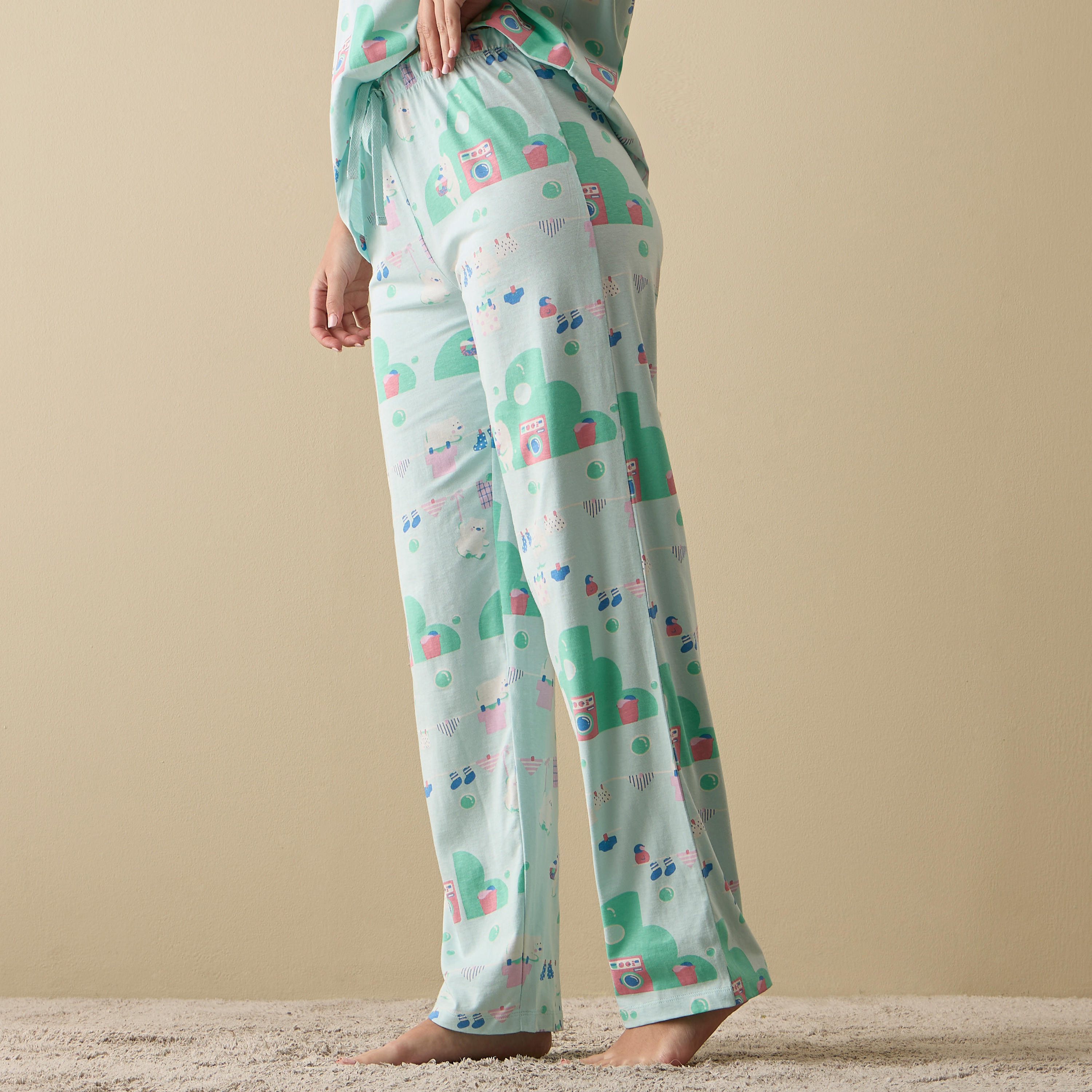 طقم بنطلون بيجاما وتيشيرت قطن بأكمام قصيرة وطبعات-women-clothing-nightwear-pyjamas-longsets-image-3
