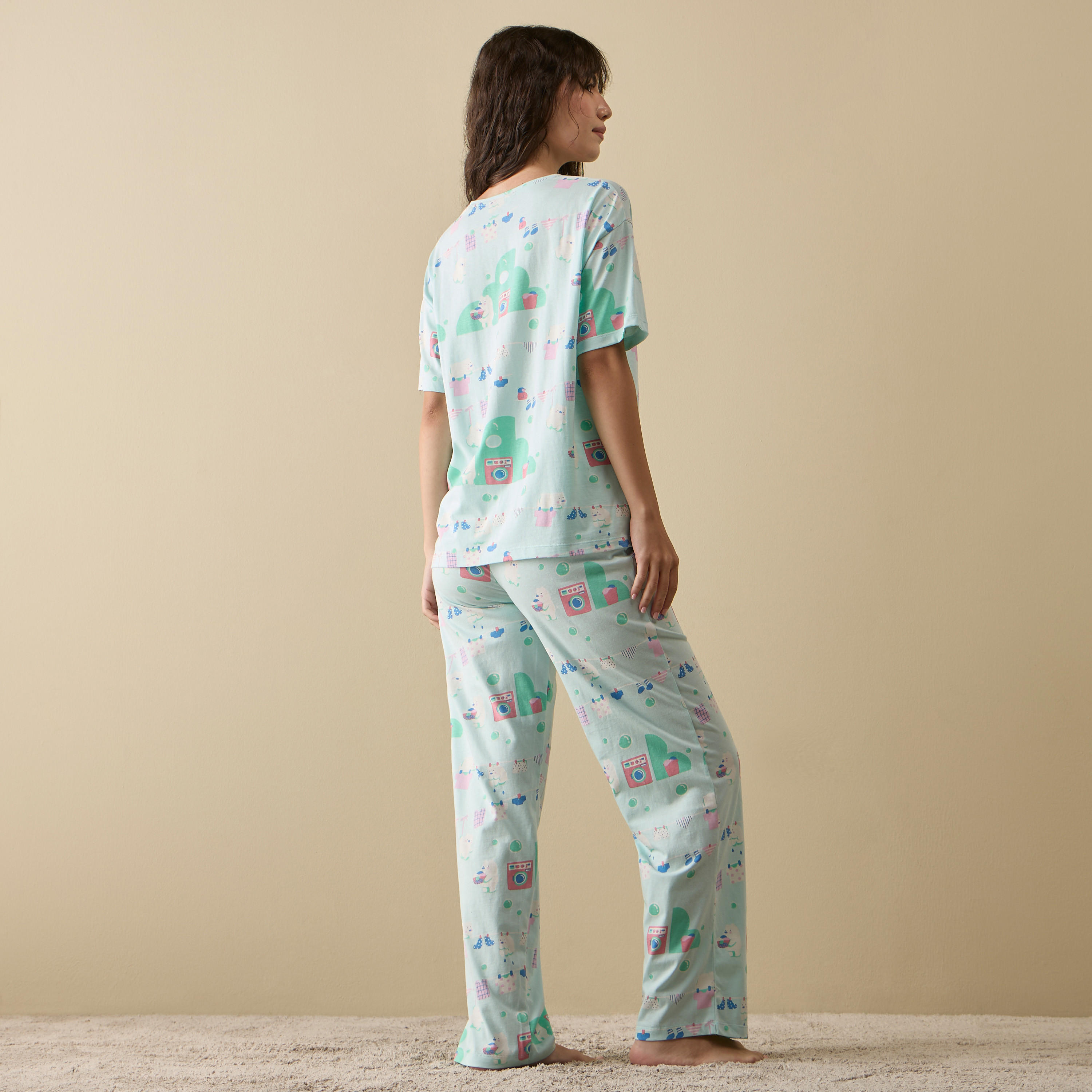 طقم بنطلون بيجاما وتيشيرت قطن بأكمام قصيرة وطبعات-women-clothing-nightwear-pyjamas-longsets-image-4