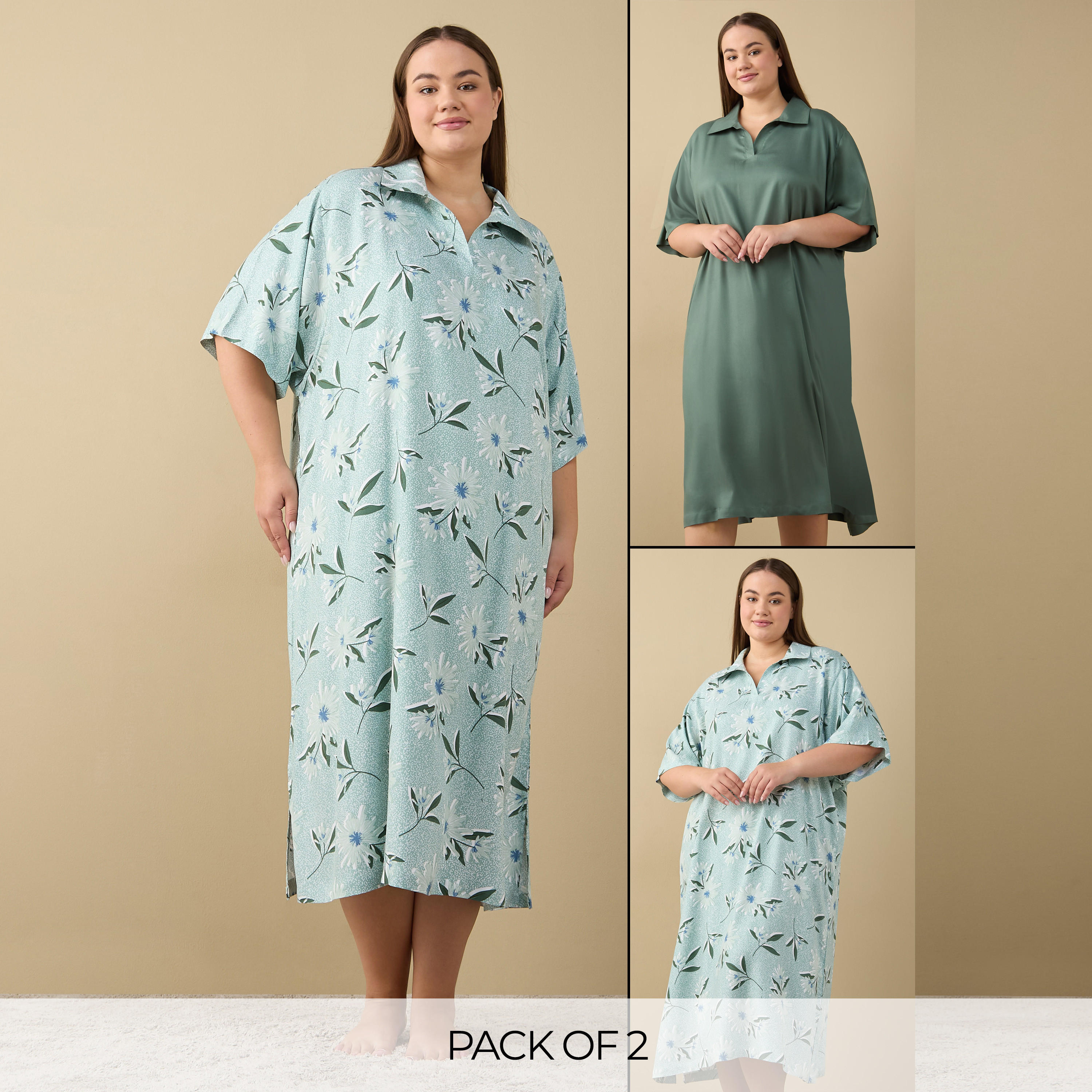 Set of 2 - Assorted Collared Sleepshirt with Short Sleeves-women-clothing-nightwear-nighties-image-1