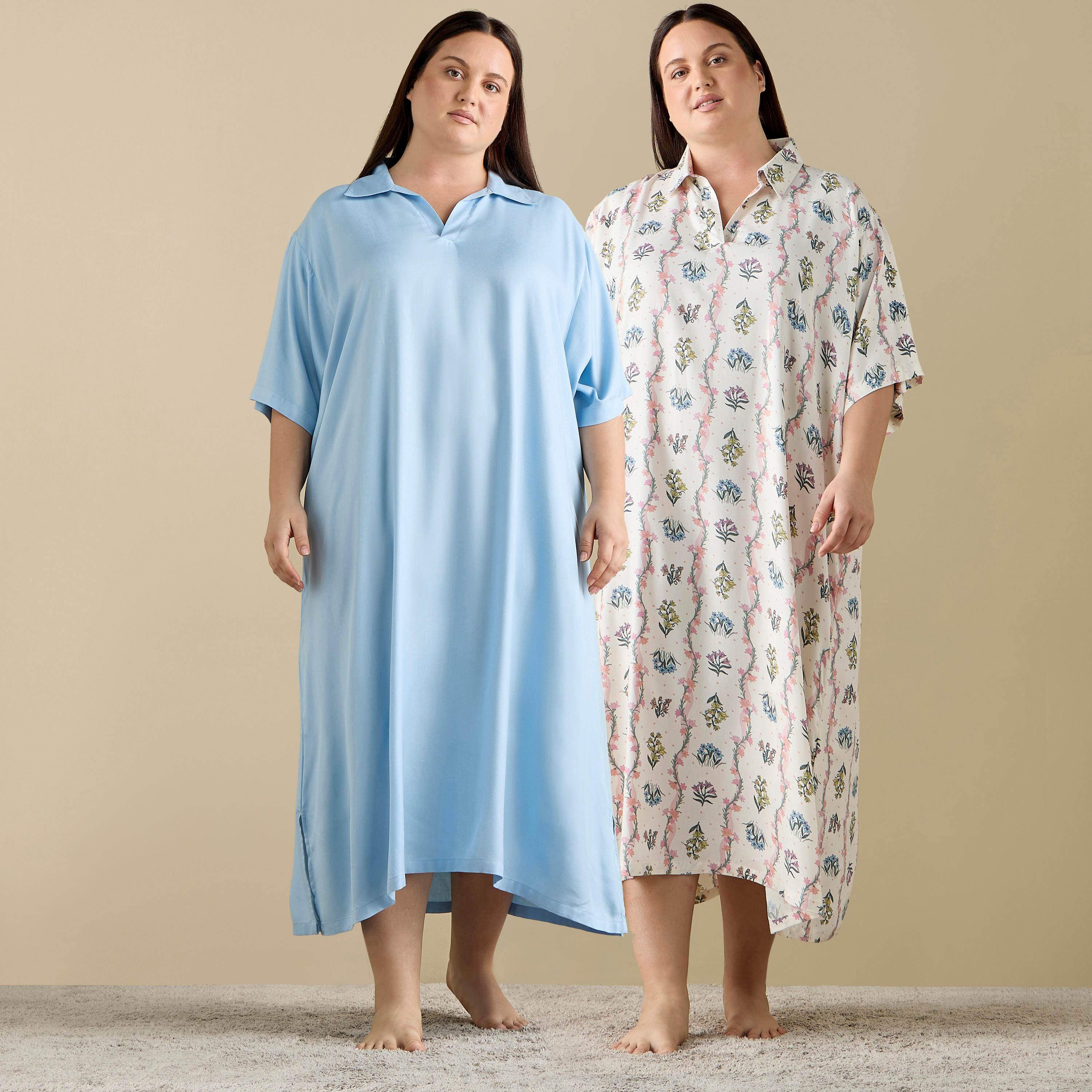 فستان نوم بياقة عادية وأكمام قصيرة - طقم من قطعتين-women-clothing-nightwear-nighties-image-1