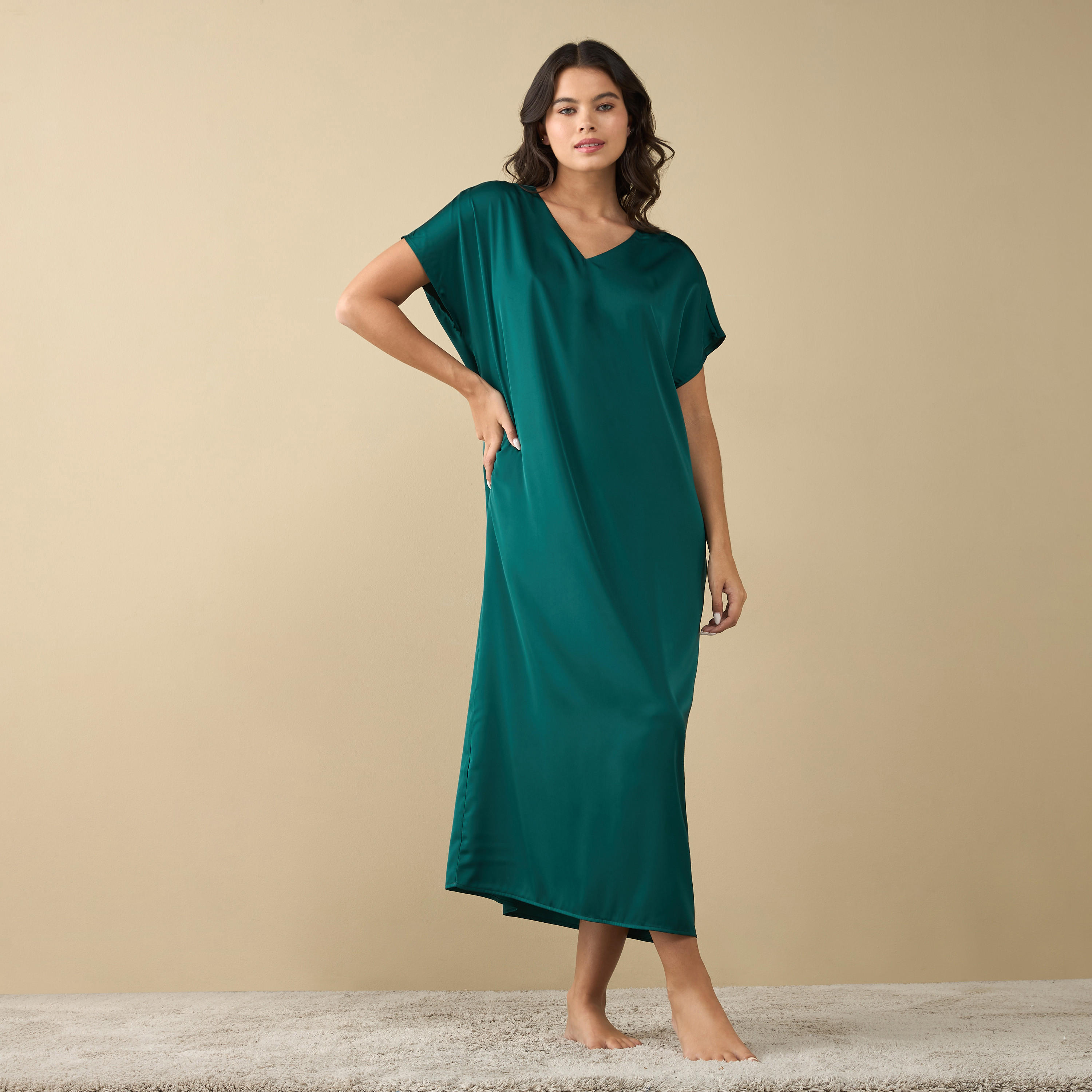 V-neck Satin Night Gown with Short Sleeves-women-clothing-nightwear-nighties-image-1