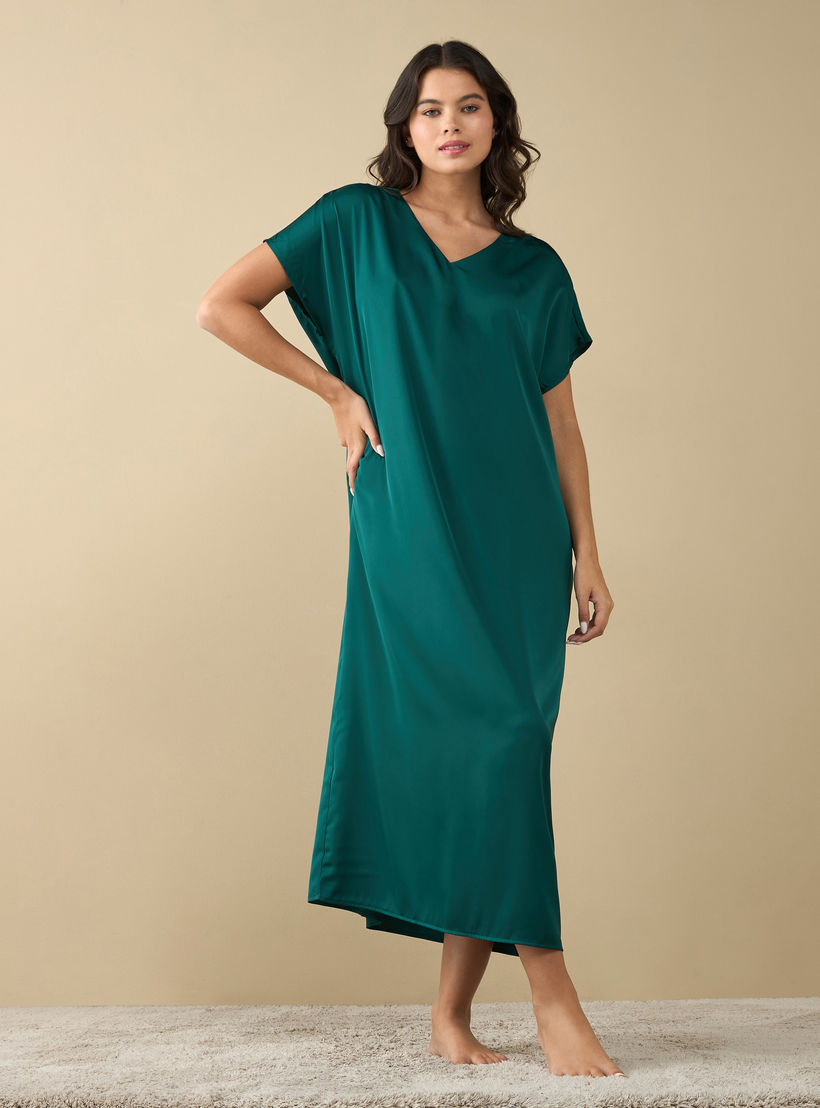 V-neck Satin Night Gown with Short Sleeves-women-clothing-nightwear-nighties-image-1
