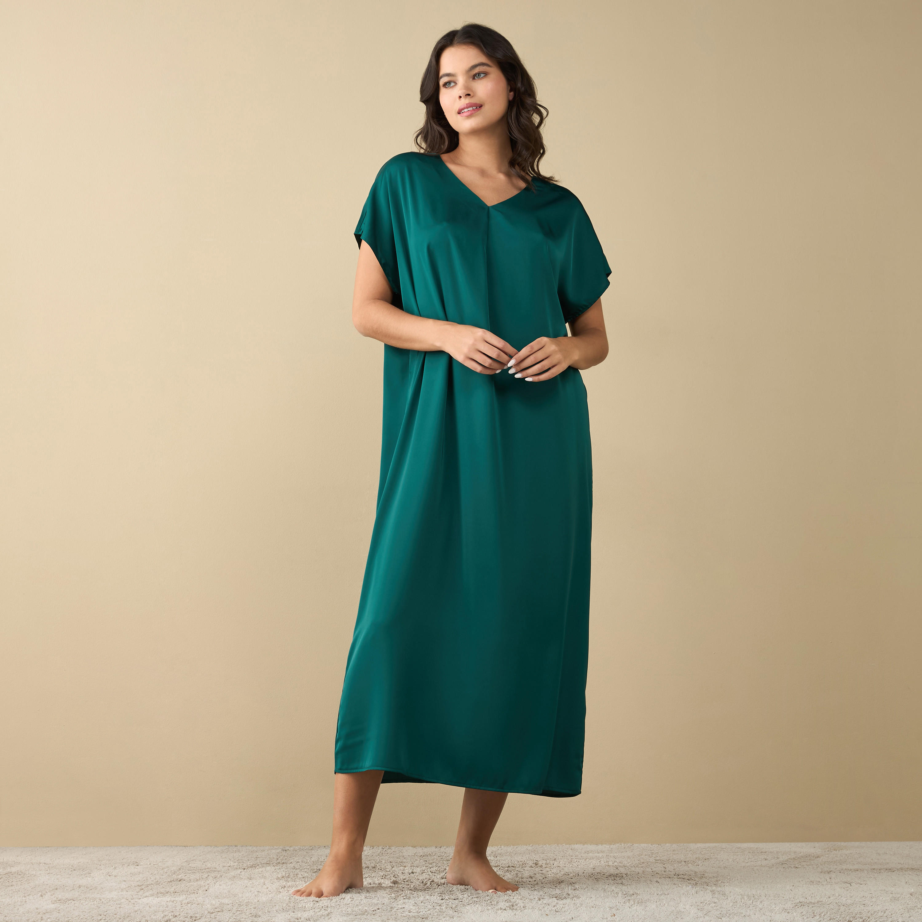 V-neck Satin Night Gown with Short Sleeves-women-clothing-nightwear-nighties-image-2