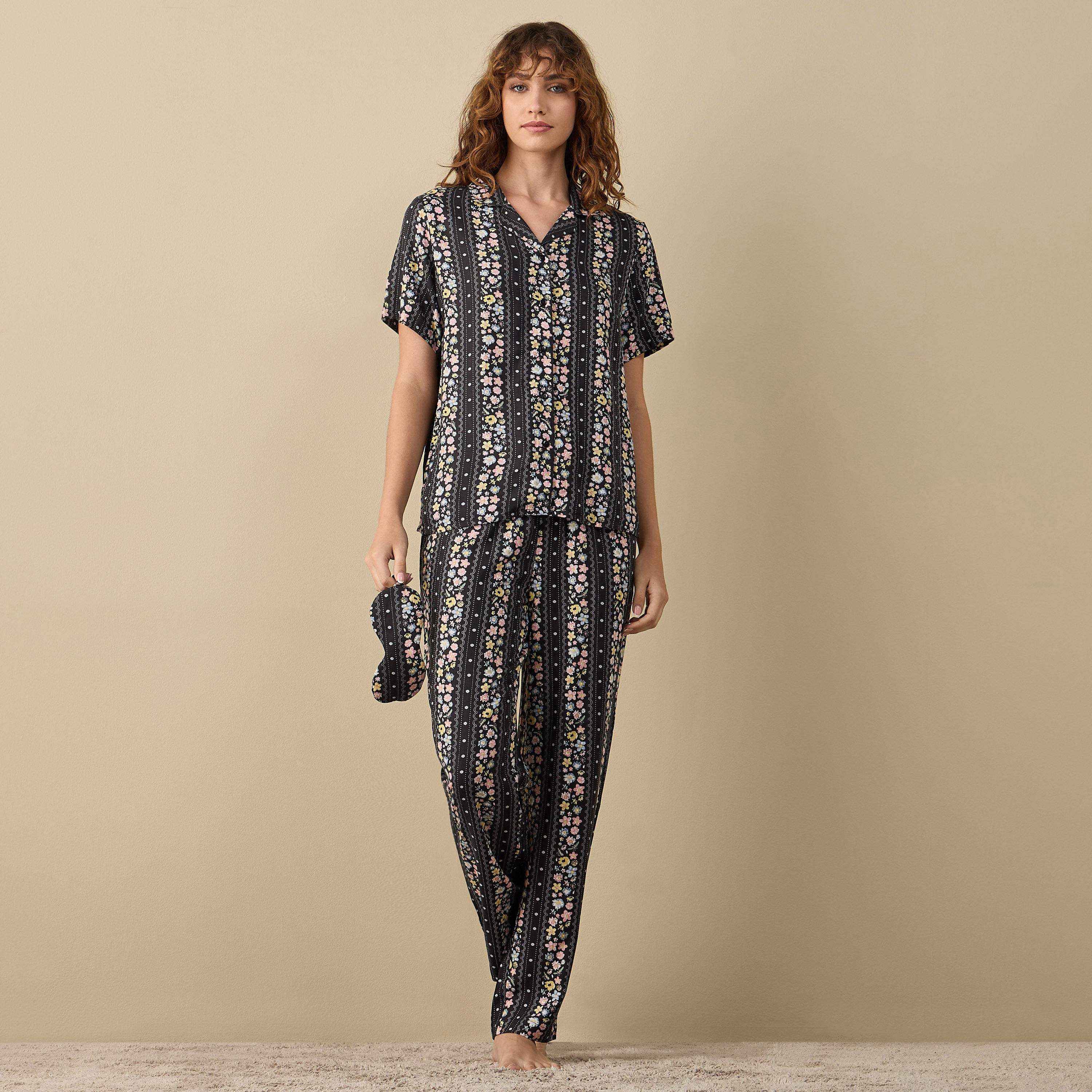 Floral Print Short Sleeves Viscose Shirt and Pyjama Set-women-clothing-nightwear-pyjamas-longsets-image-1
