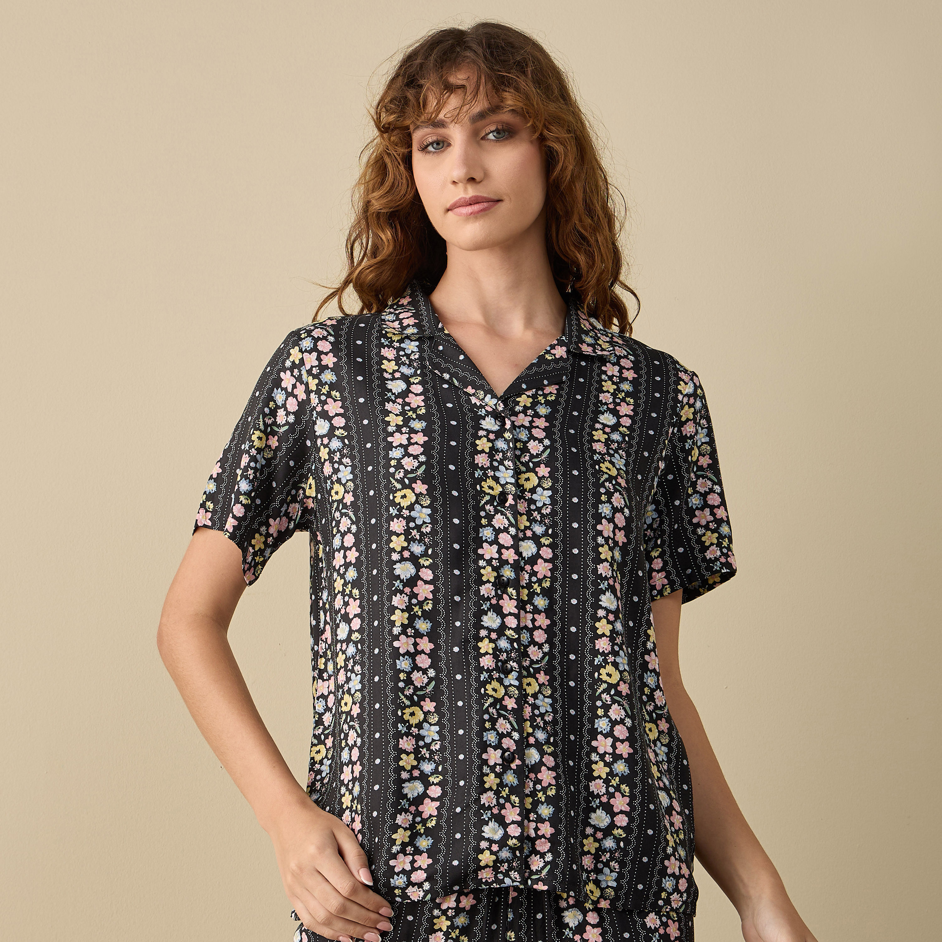 Floral Print Short Sleeves Viscose Shirt and Pyjama Set-women-clothing-nightwear-pyjamas-longsets-image-2
