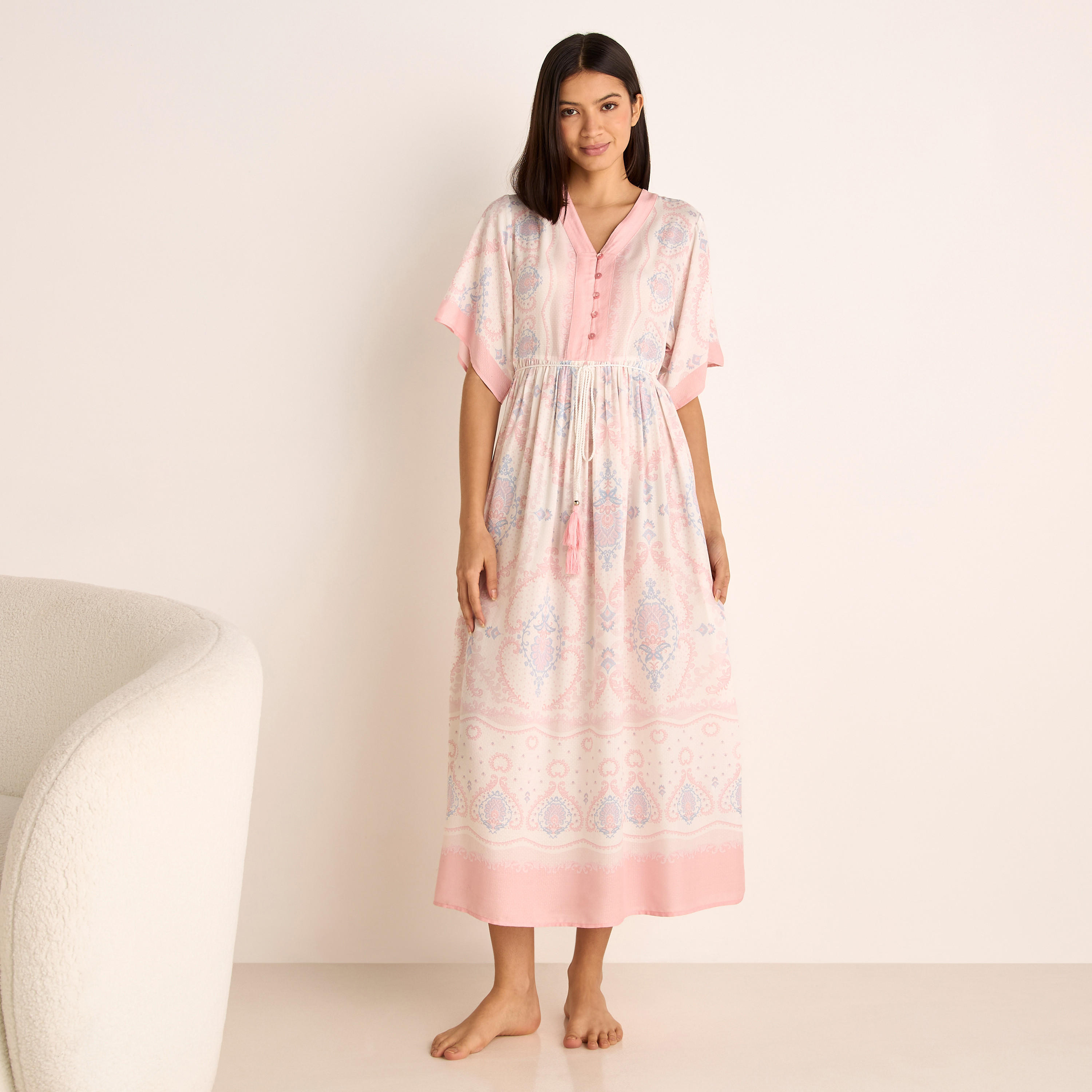 Printed Night Dress with V-neck and Tie-Up Detail-women-clothing-nightwear-nighties-image-1