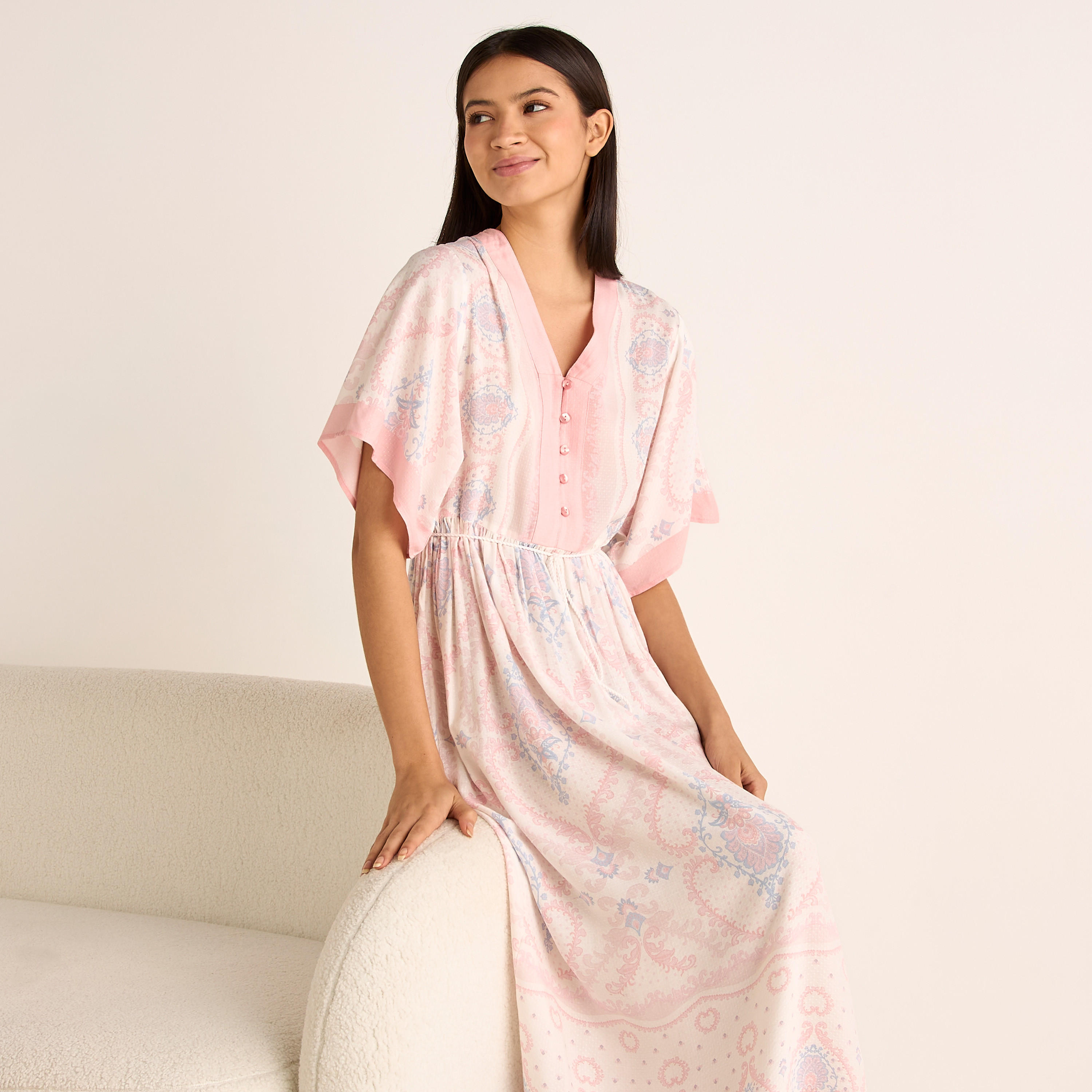 Printed Night Dress with V-neck and Tie-Up Detail-women-clothing-nightwear-nighties-image-2