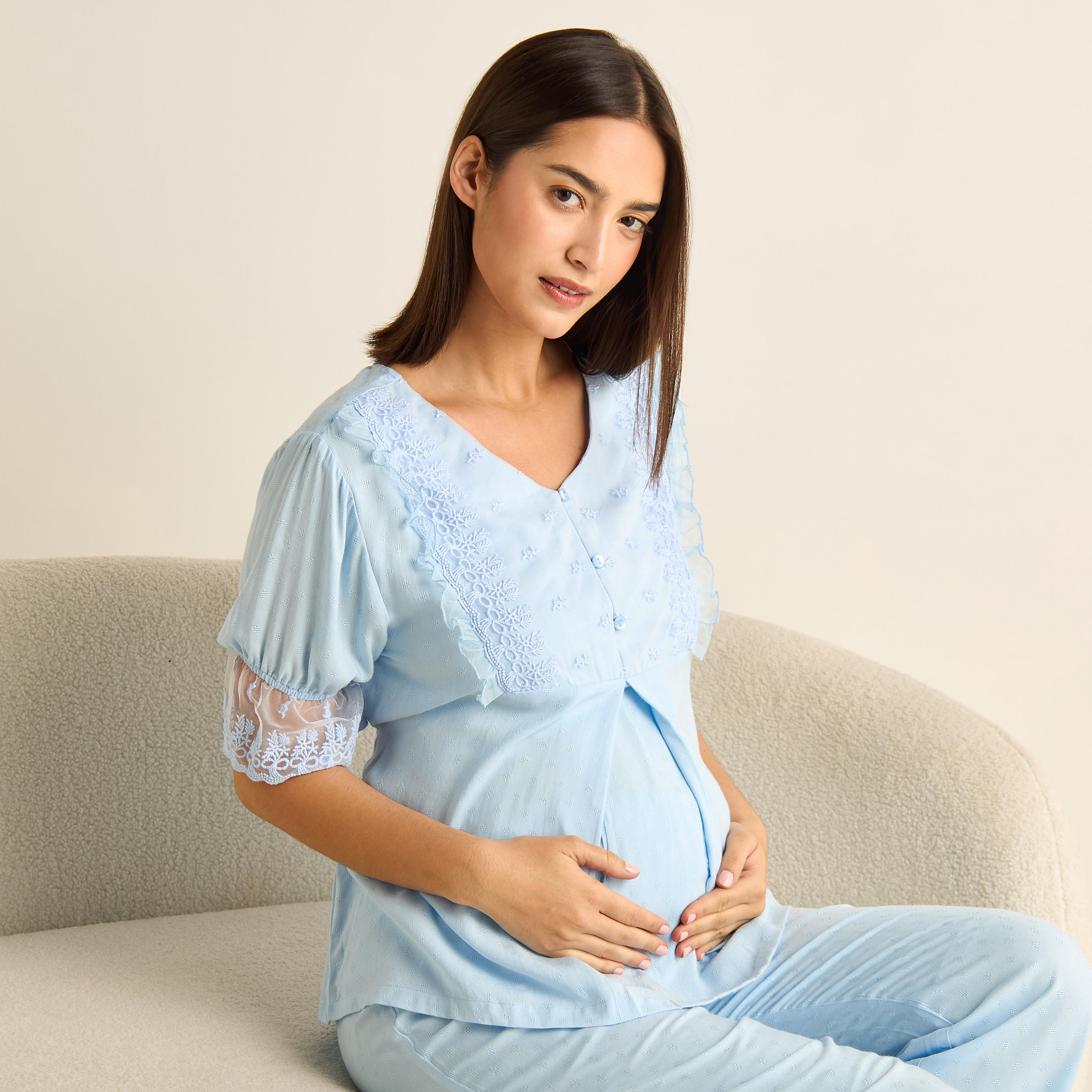 Lace Textured Maternity Top and Pyjama Set-women-clothing-maternity-nightwear-image-9