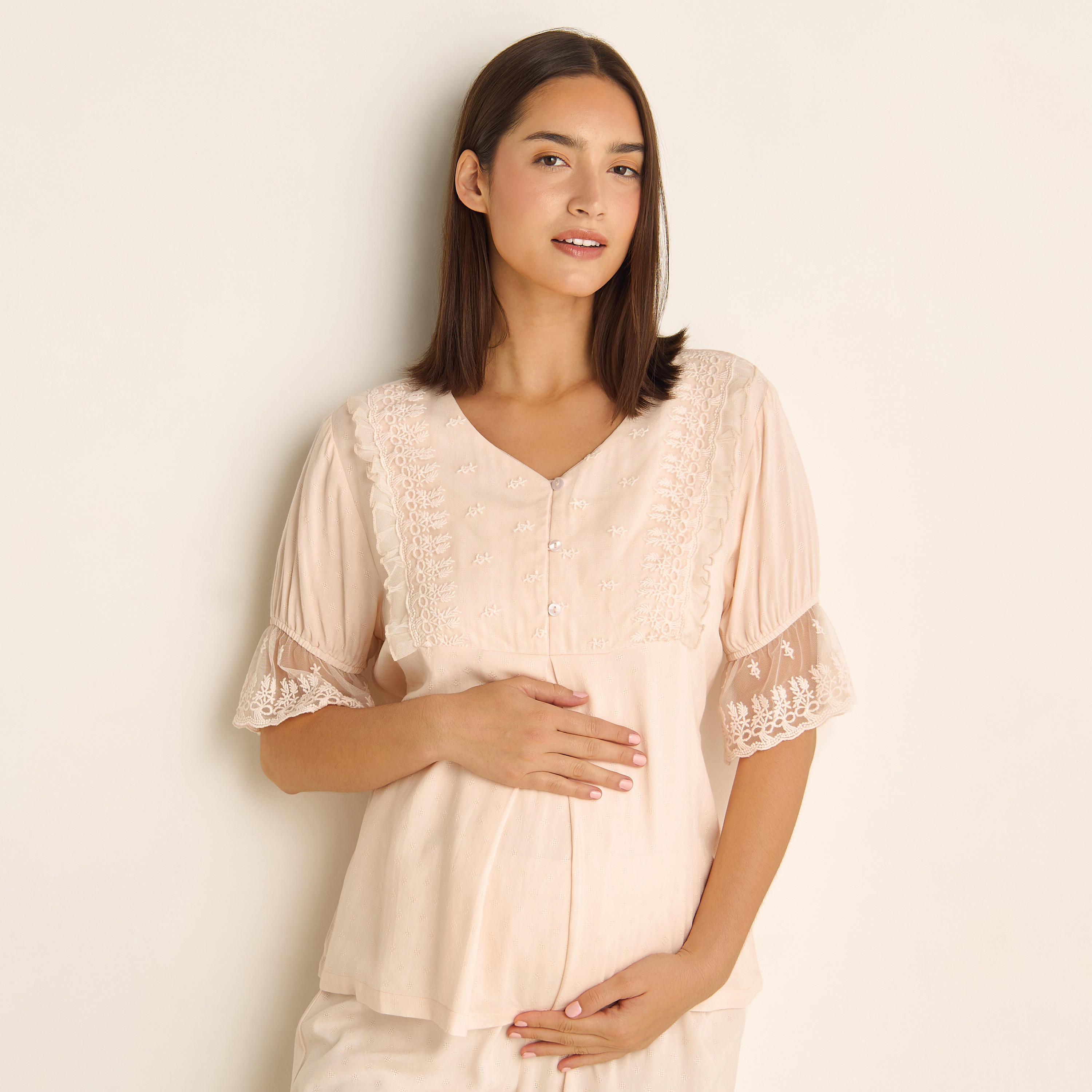 Lace Textured Maternity Top and Pyjama Set-women-clothing-maternity-nightwear-image-23