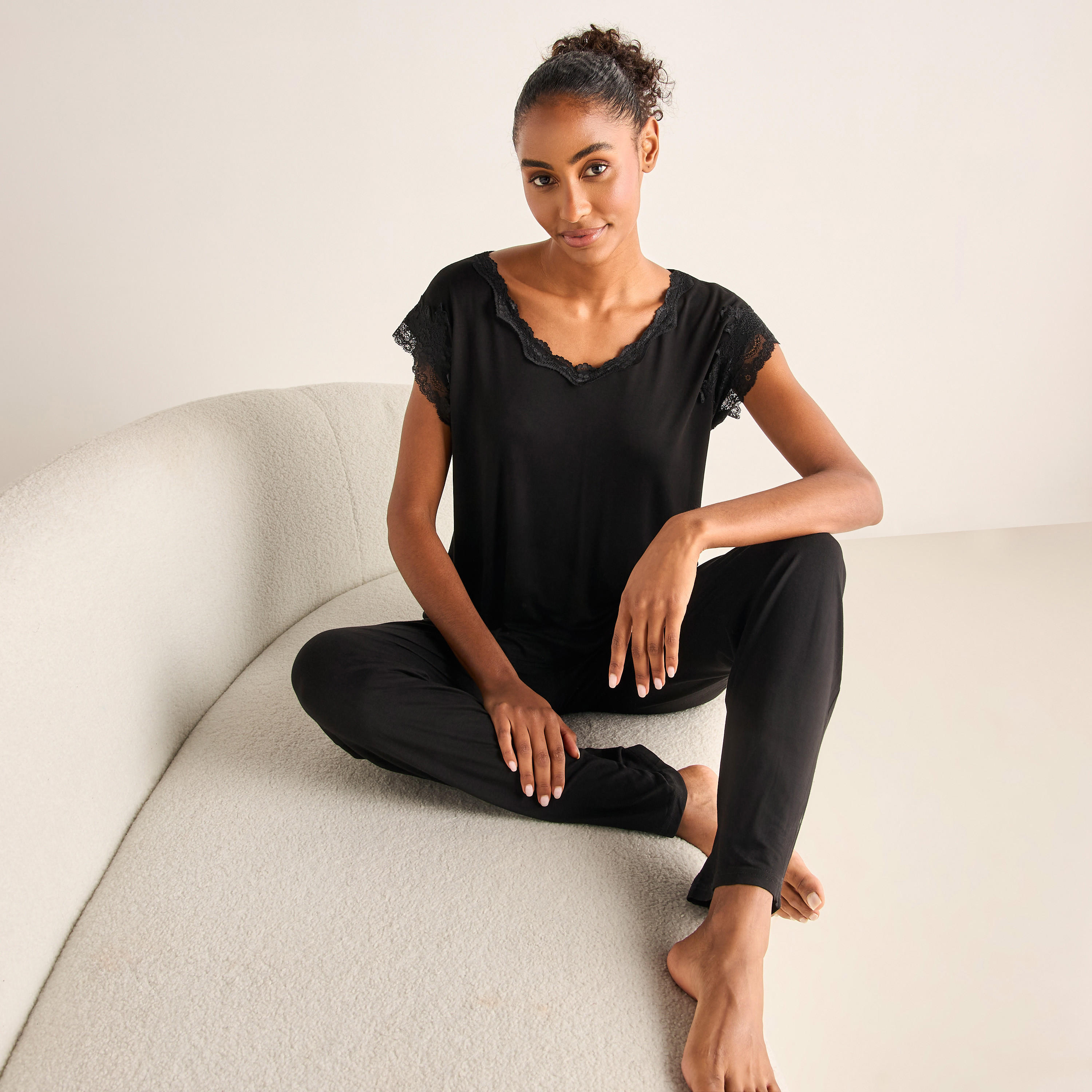 Lace Trim T-shirt and Elasticated Pyjama Set-women-clothing-nightwear-pyjamas-longsets-image-1