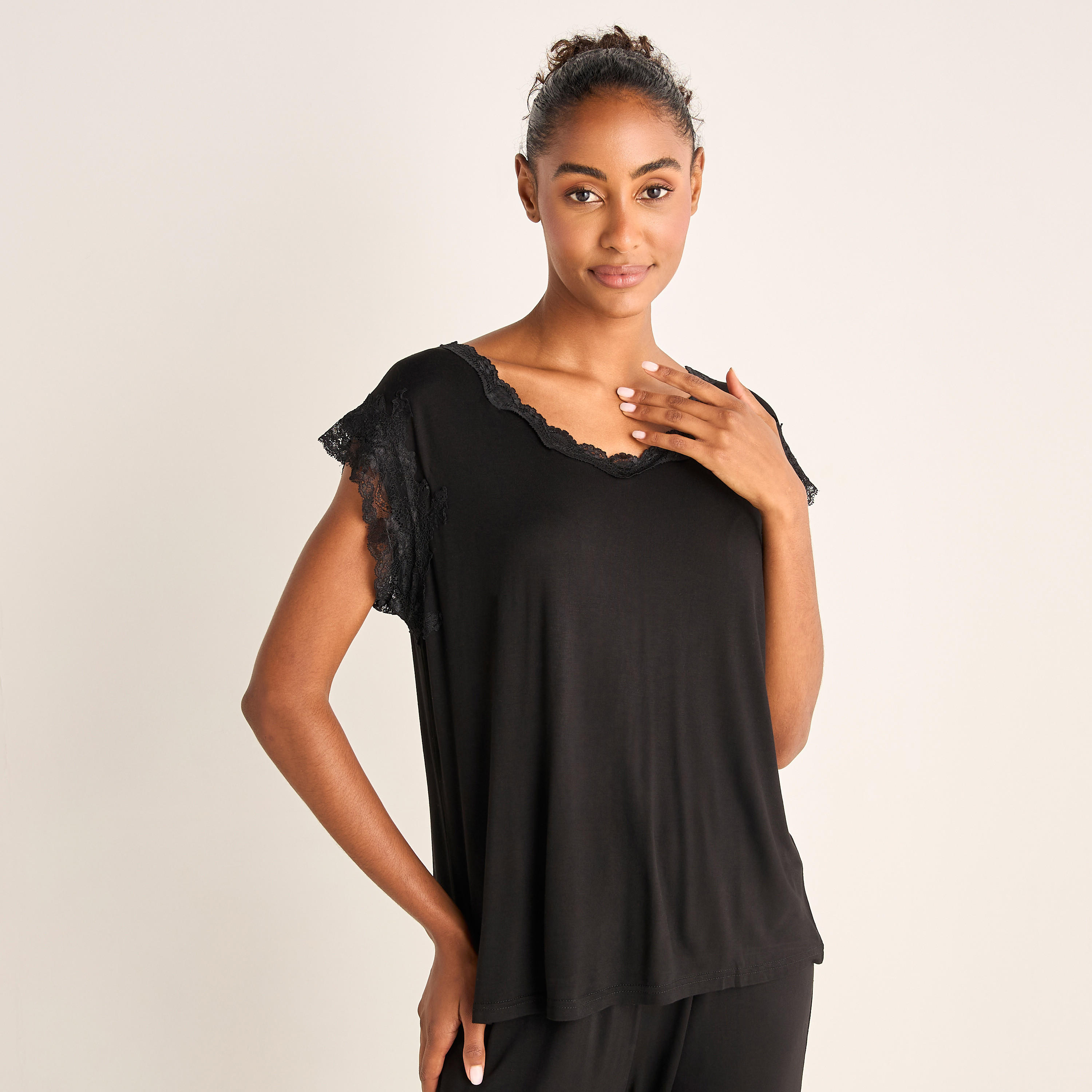 Lace Trim T-shirt and Elasticated Pyjama Set-women-clothing-nightwear-pyjamas-longsets-image-2