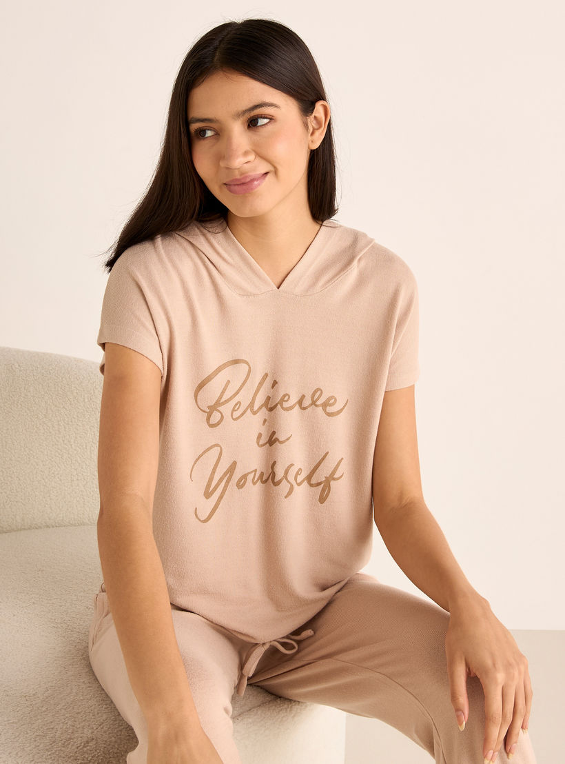 Slogan Print Hooded T-shirt and Elasticated Joggers Set-women-clothing-nightwear-pyjamas-longsets-image-2