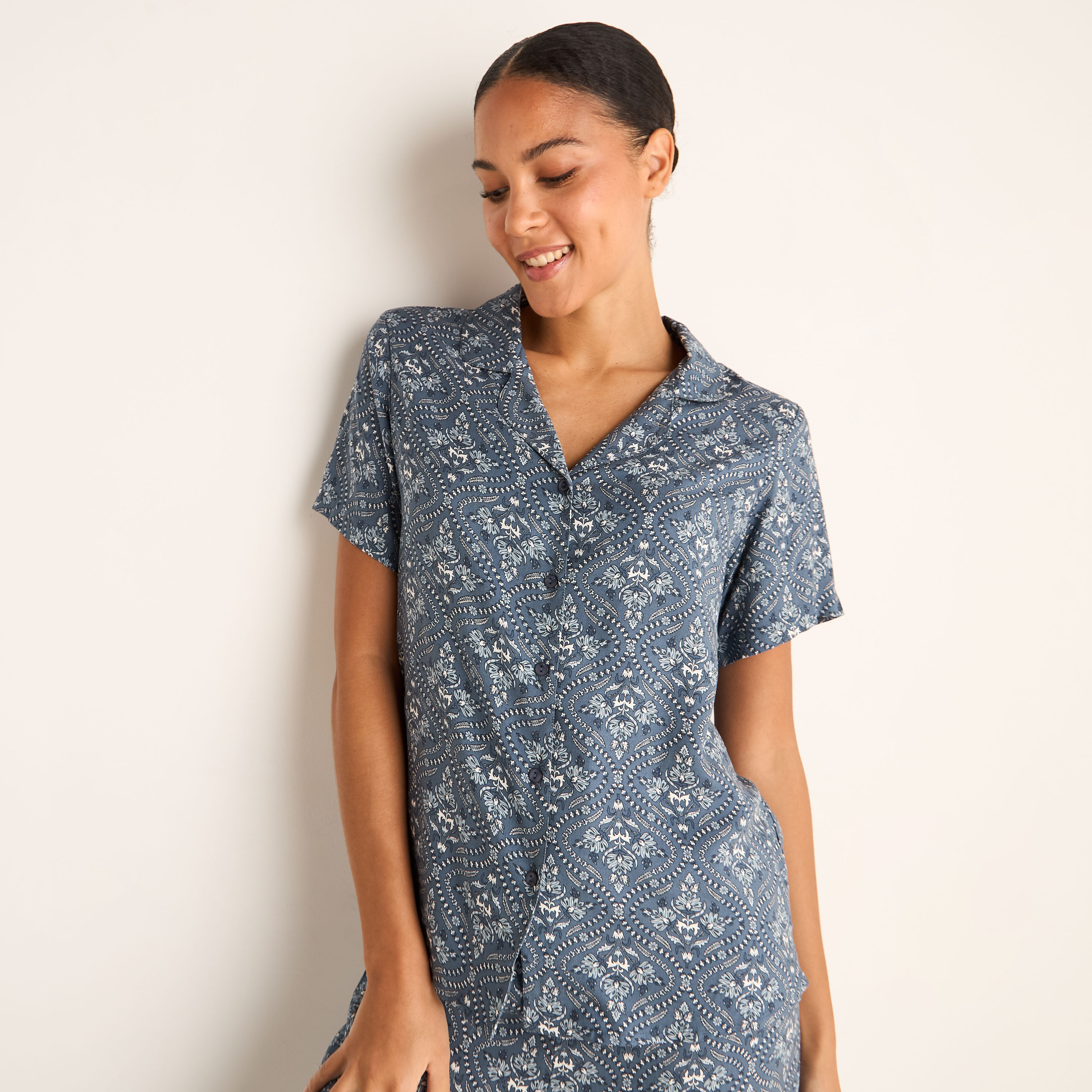 Floral Print Short Sleeves Viscose Shirt and Pyjama Set-women-clothing-nightwear-pyjamas-longsets-image-7