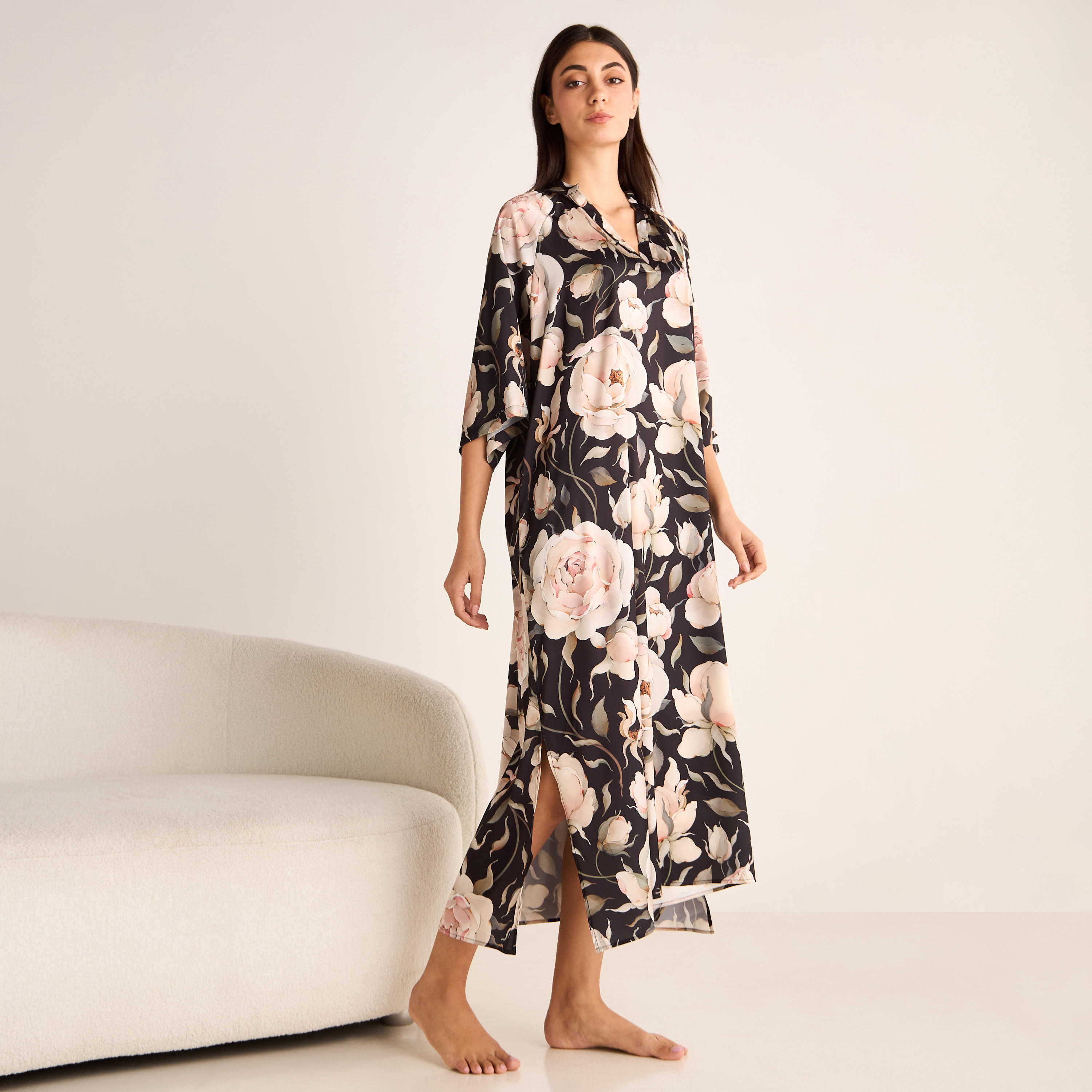 فستان نوم بياقة عادية وأكمام 3/4 وطبعات أزهار-women-clothing-nightwear-nighties-image-2