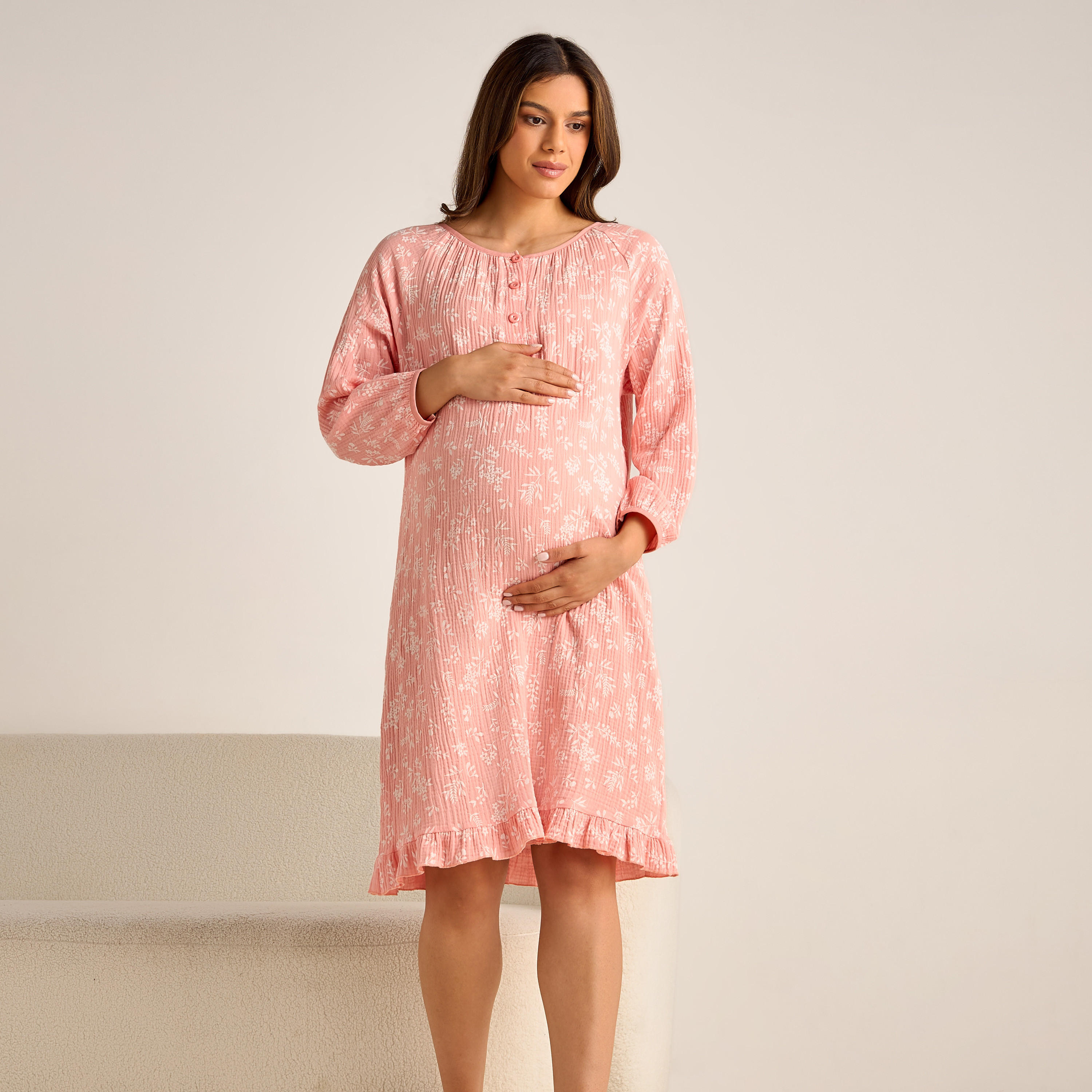فستان نوم قطن للحوامل بأكمام طويلة وطبعات-women-clothing-nightwear-nighties-image-1