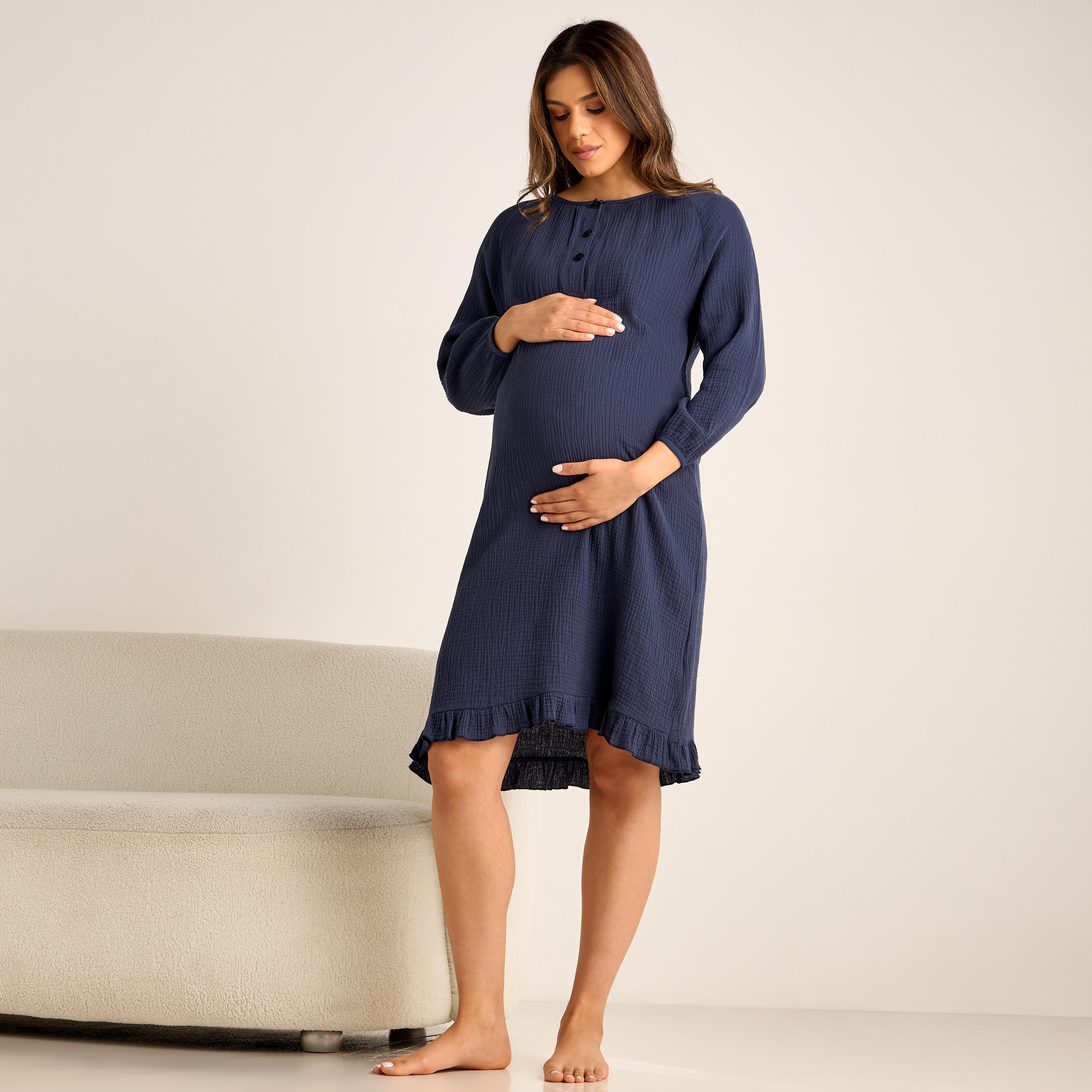 فستان نوم قطن للحوامل بارز الملمس بأكمام طويلة-women-clothing-nightwear-nighties-image-2