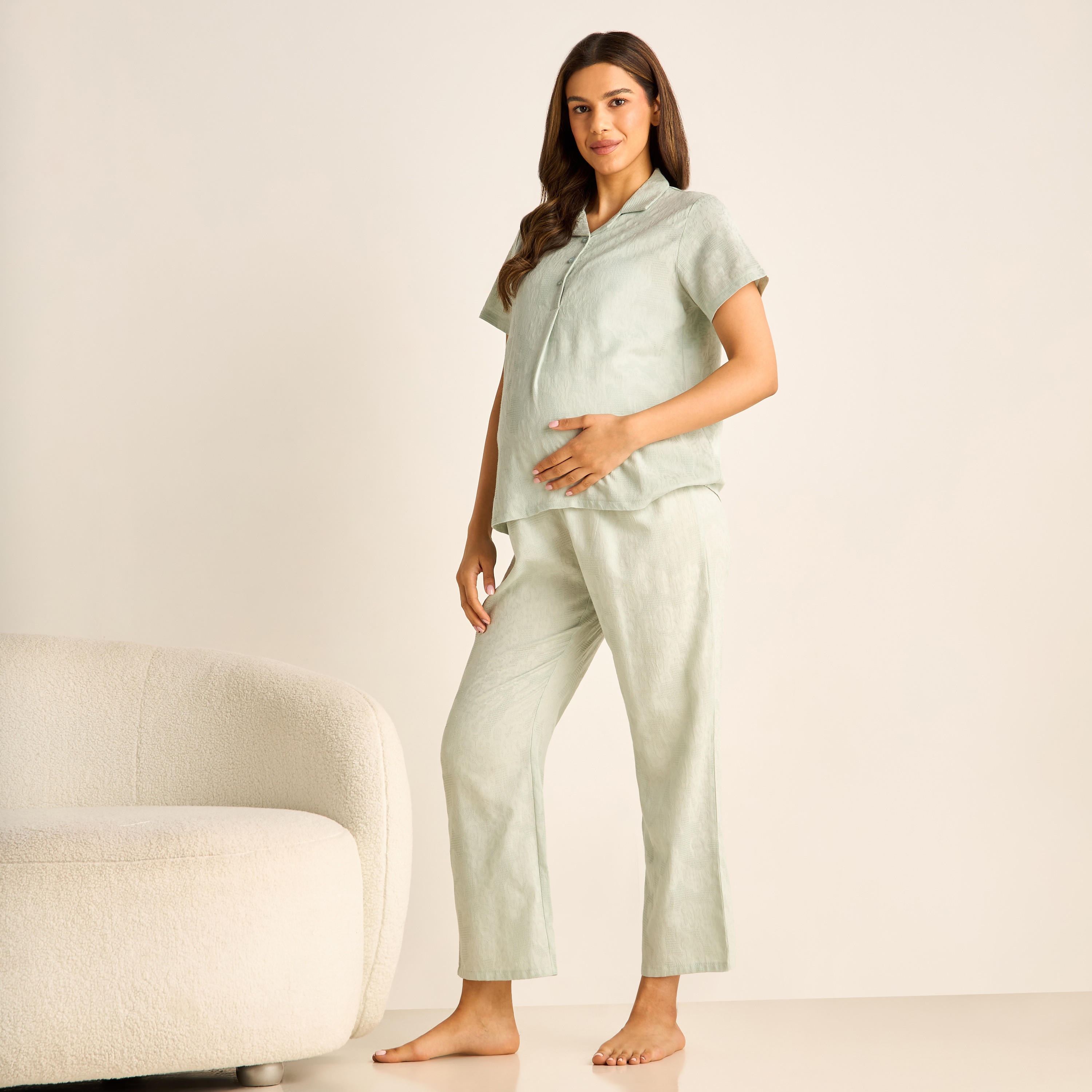 طقم بنطلون بيجاما وقميص قطن بارز الملمس للحوامل-women-clothing-maternity-nightwear-image-1