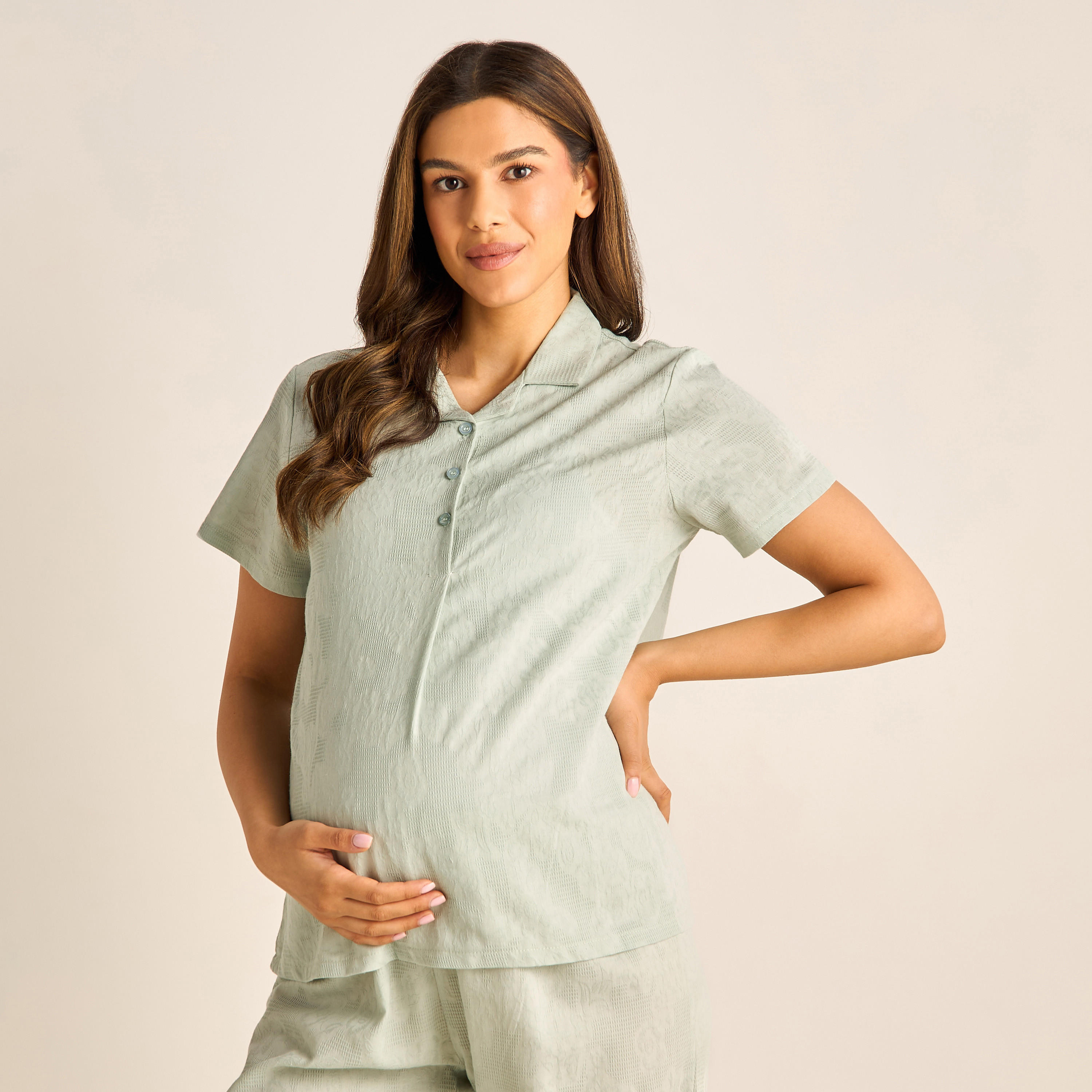 طقم بنطلون بيجاما وقميص قطن بارز الملمس للحوامل-women-clothing-maternity-nightwear-image-2
