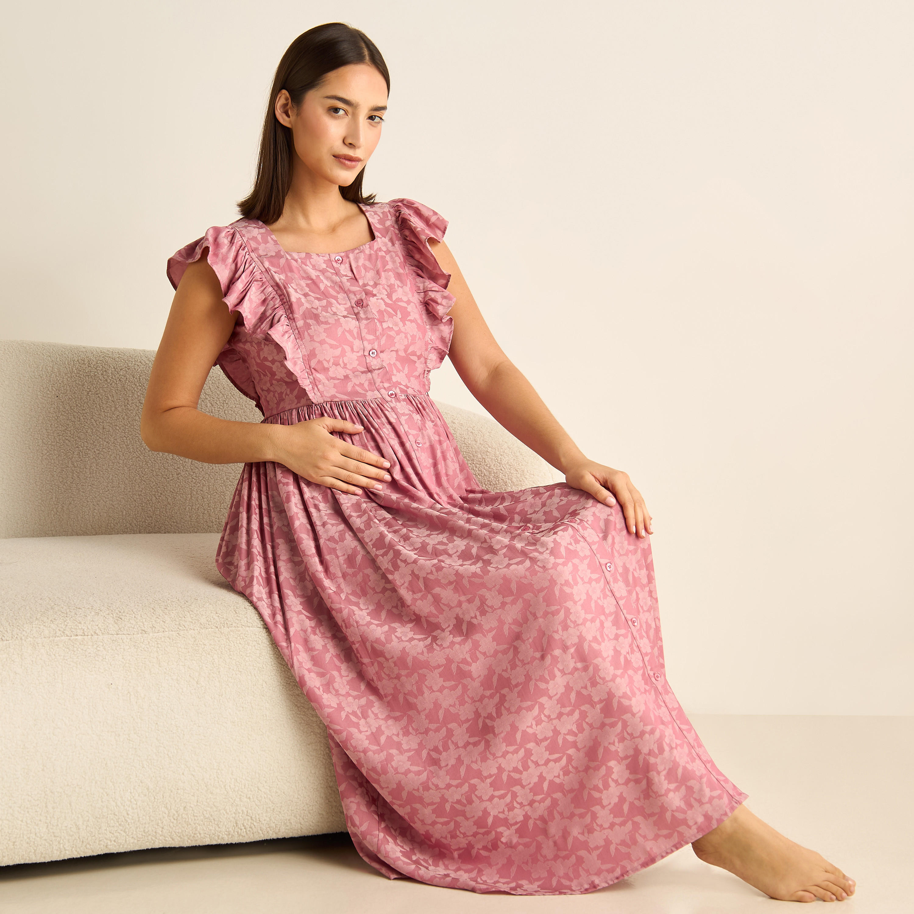 Floral Print Maternity Night Dress with Square Neck and Ruffle Detail-women-clothing-maternity-nightwear-image-1