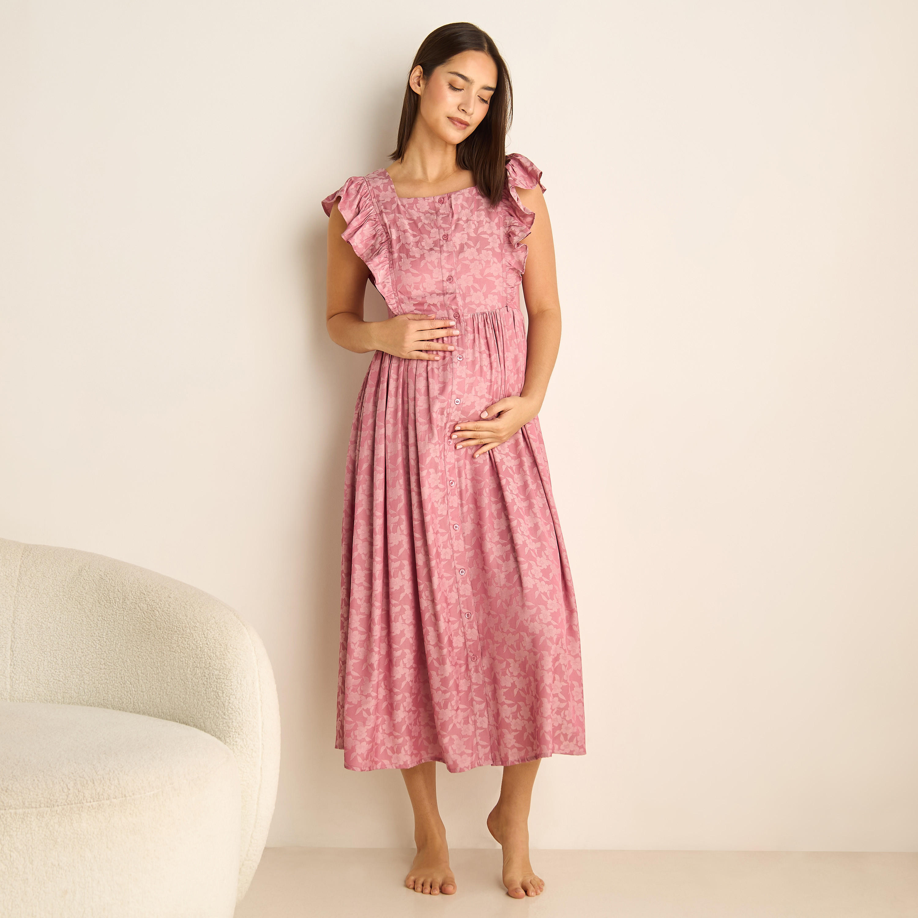 Floral Print Maternity Night Dress with Square Neck and Ruffle Detail-women-clothing-maternity-nightwear-image-2