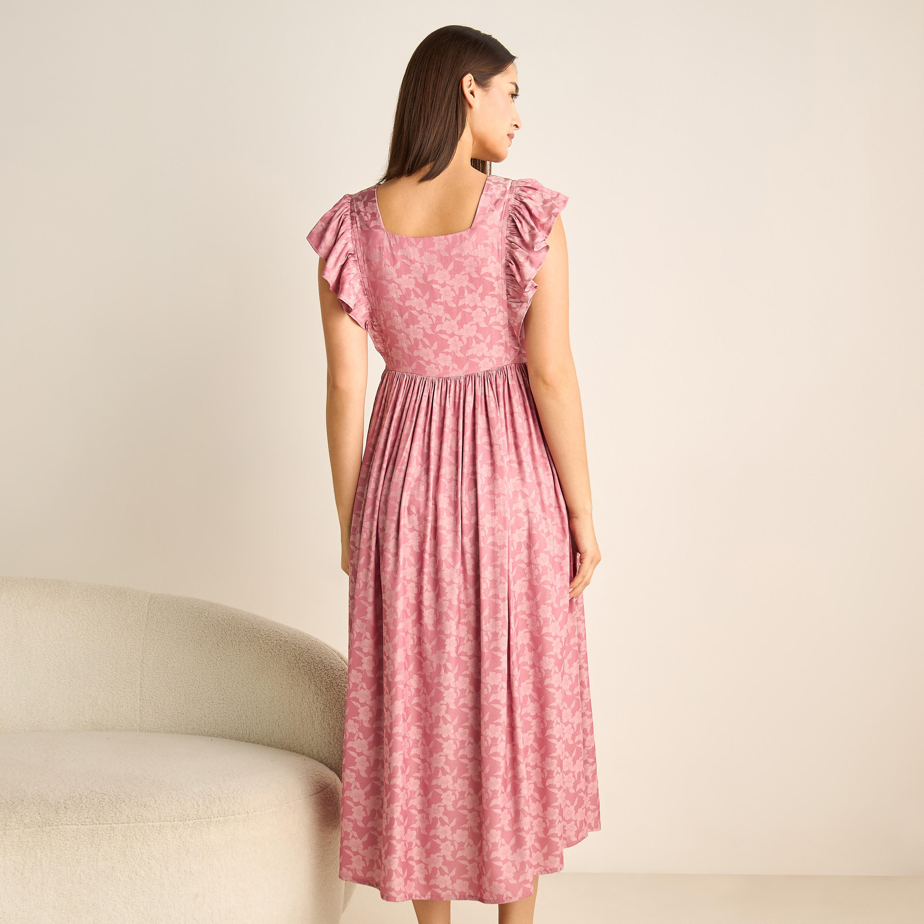 Floral Print Maternity Night Dress with Square Neck and Ruffle Detail-women-clothing-maternity-nightwear-image-3